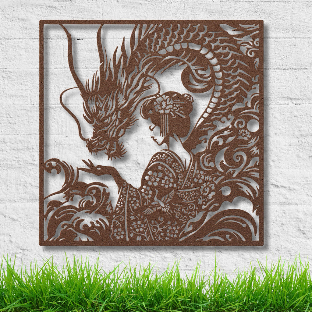 Dragon and Geisha Metal Wall Art, Japanese Floral Decor, Oriental Mythical Sign, Kimono Art