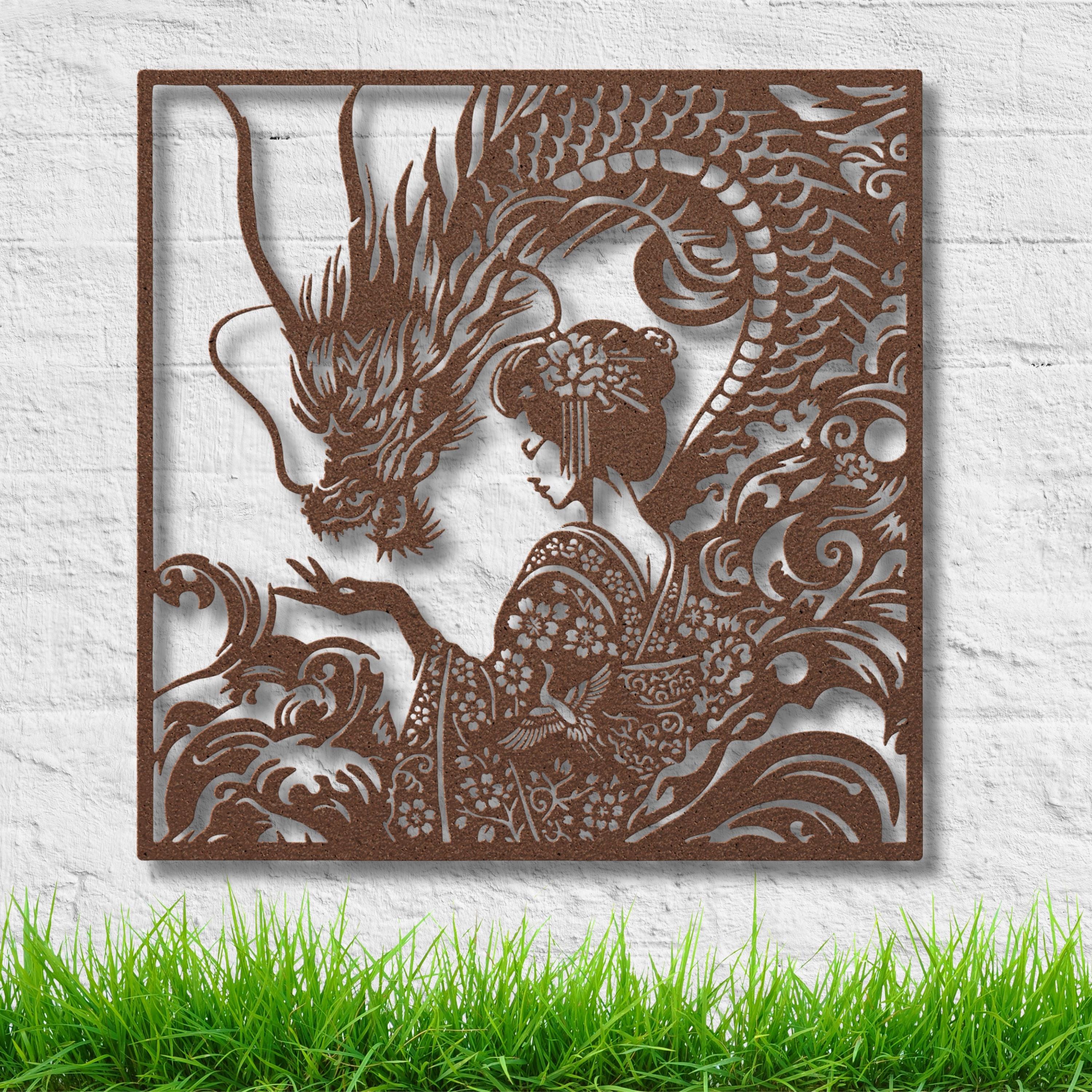 Dragon and Geisha Metal Wall Art, Japanese Floral Decor, Oriental Mythical Sign, Kimono Art