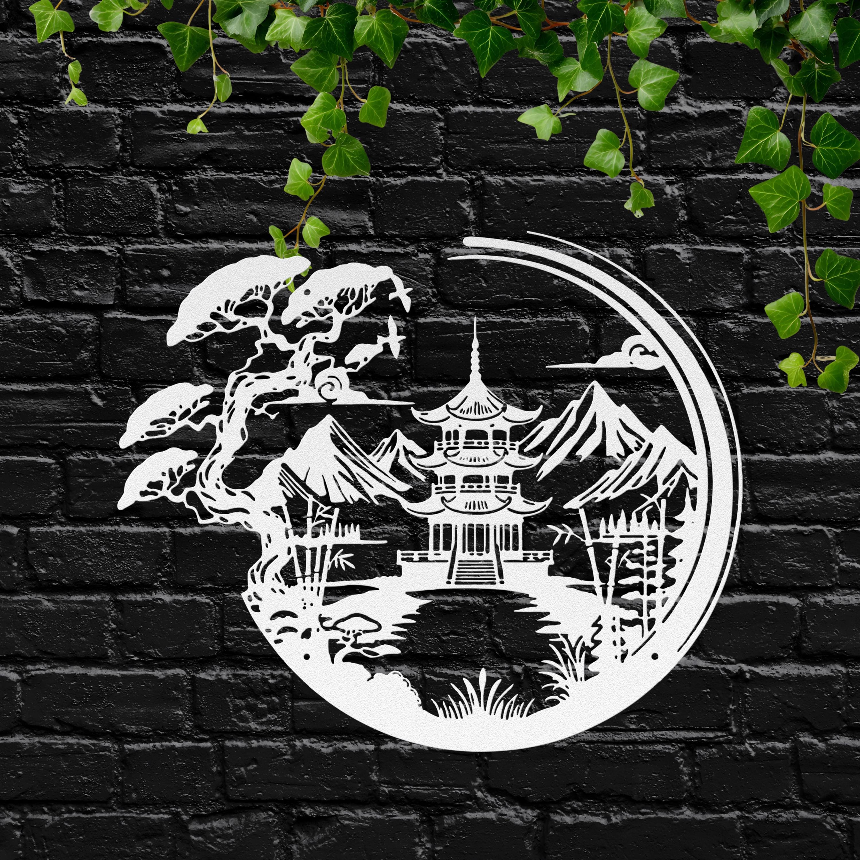 Japanese Pagoda Metal Wall Art: Zen Bonsai Landscape Decor