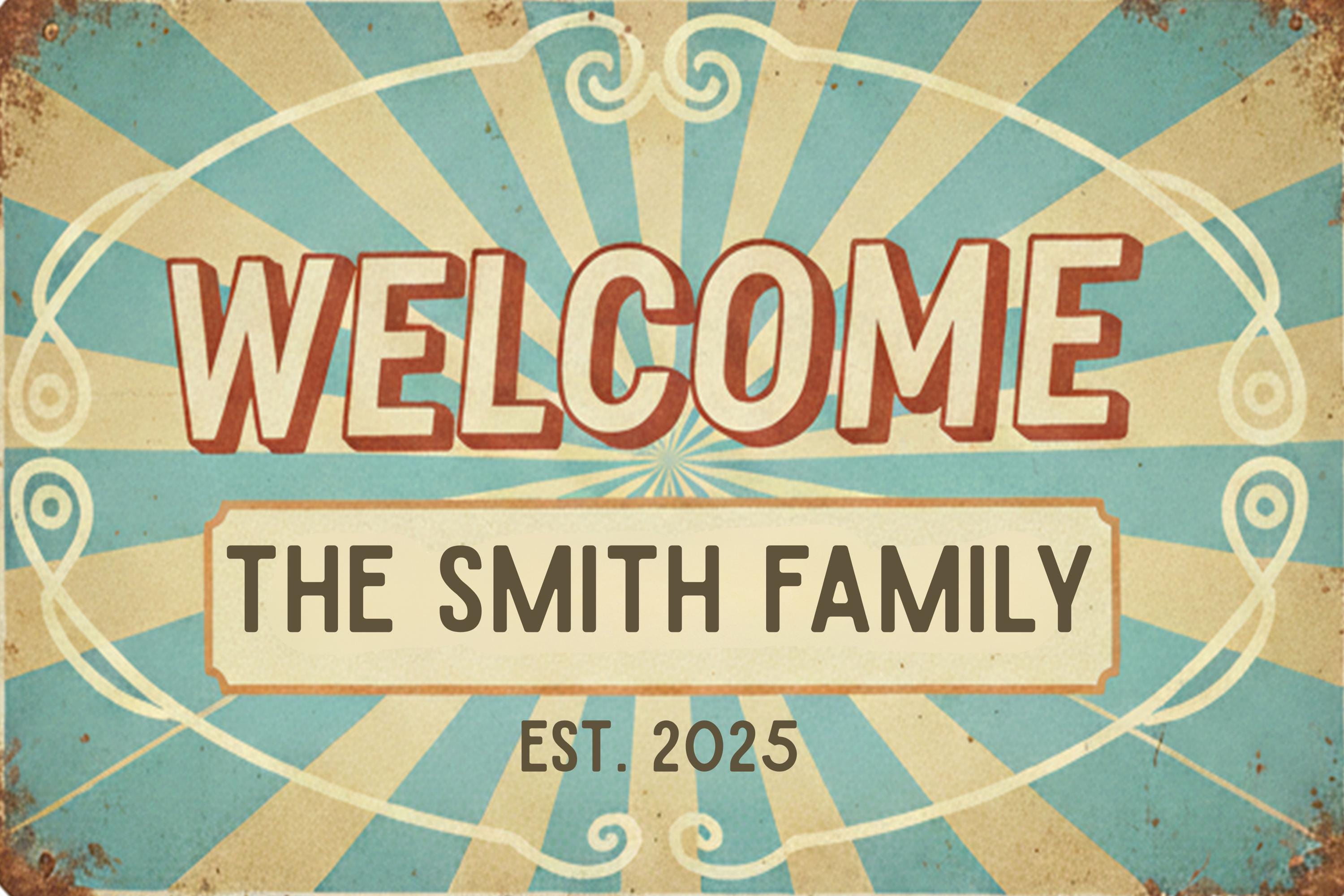 Custom Family Welcome Sign, Personalized Metal Home Plaque, Vintage Circus Sunburst Art, Est. Date Housewarming Gift, Retro Entryway Decor