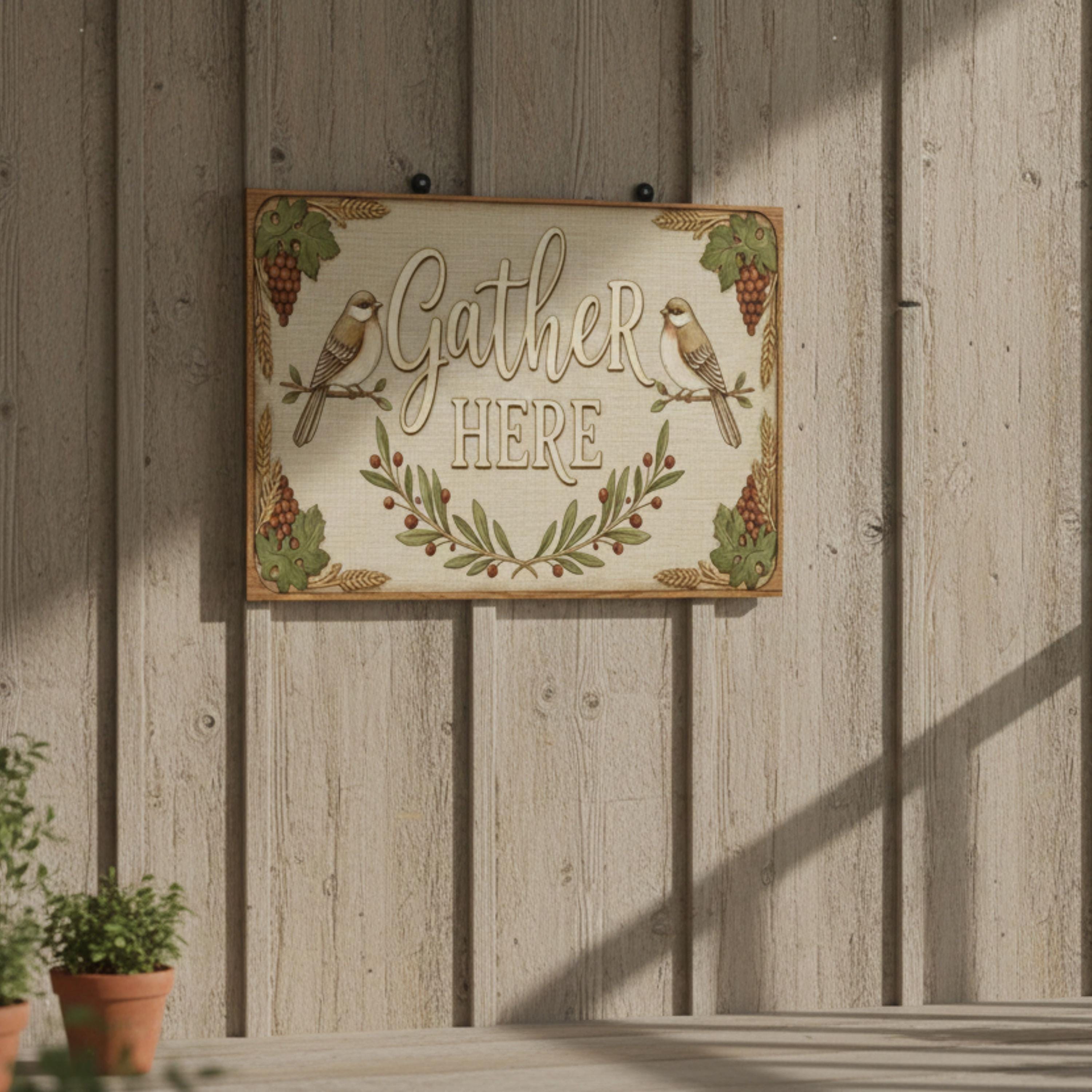Rustic Metal Sign - Farmhouse Wall Art | Gather Here Decor | Cozy Kitchen Dining Plaque