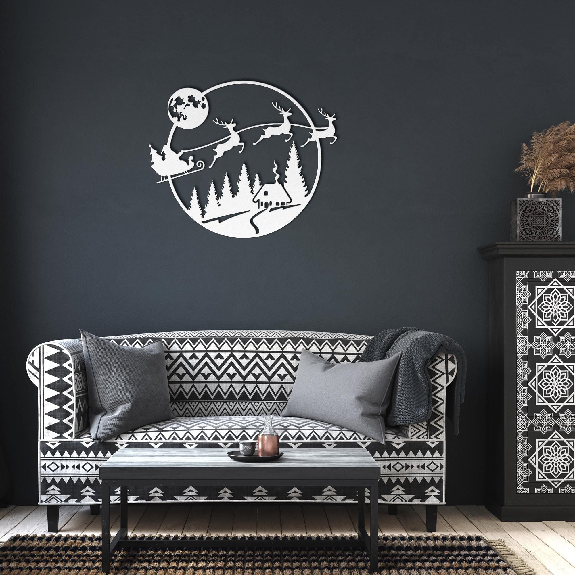 Santa Sleigh Metal Sign | Flying Reindeer Christmas Decor | Cabin Winter Scene | Round Holiday Die-Cut Wall Art