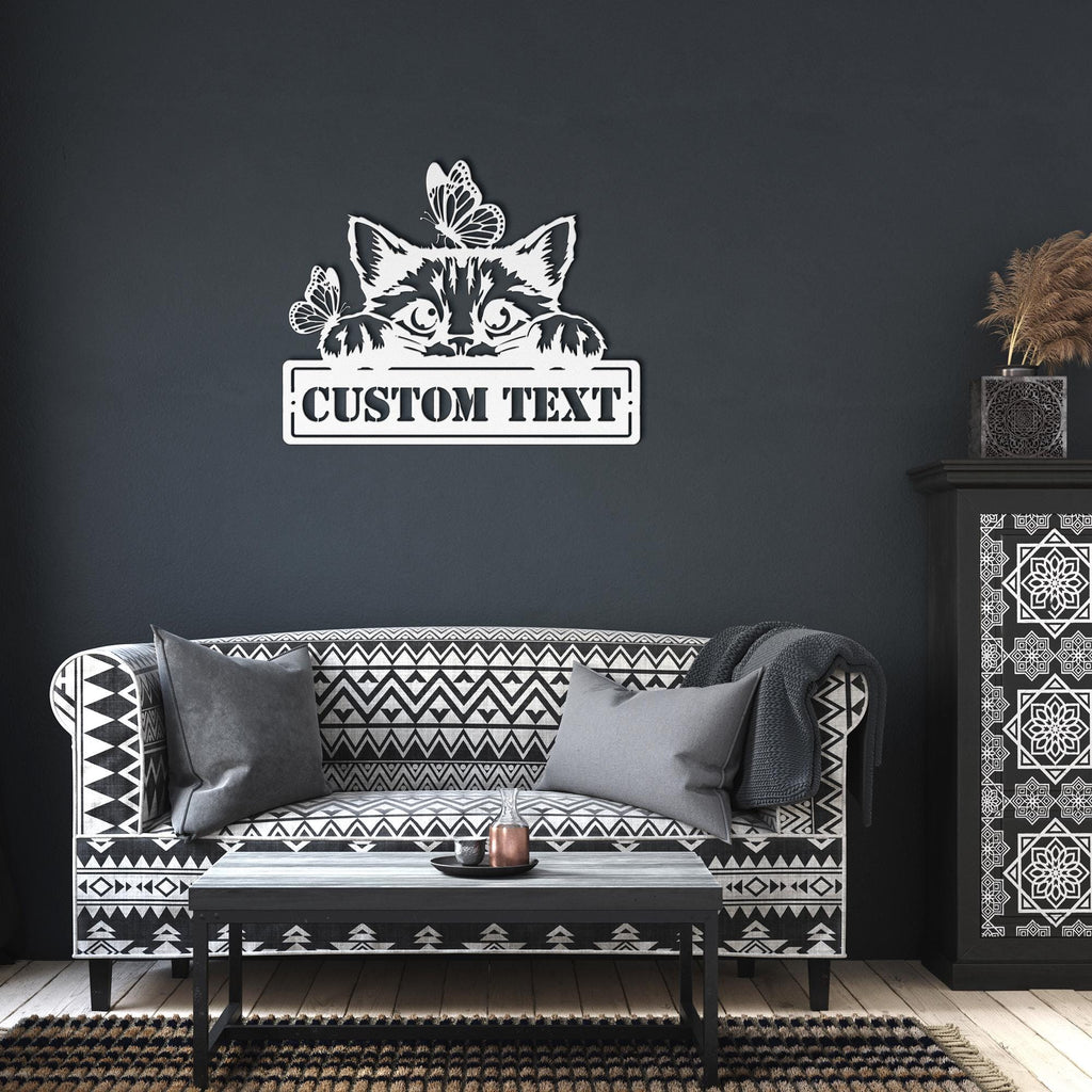 Personalized Cat Metal Sign | Kitten Die-Cut Art | Custom Pet Name Plaque | Butterfly Lover Gift | Animal Home Decor