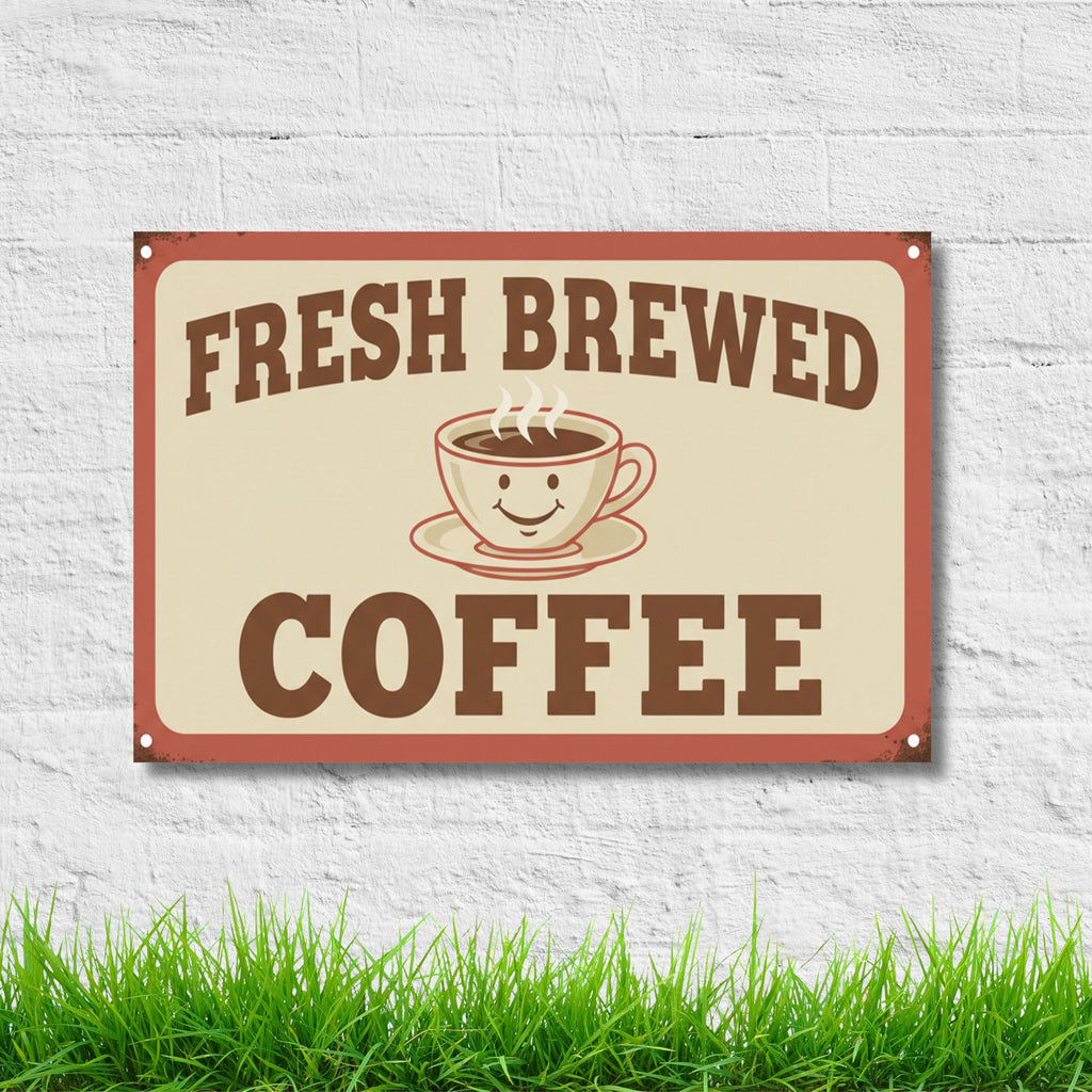 Fresh Brewed Coffee Metal Sign, Retro Kitchen Decor, Happy Coffee Cup Art, Coffee Bar Sign