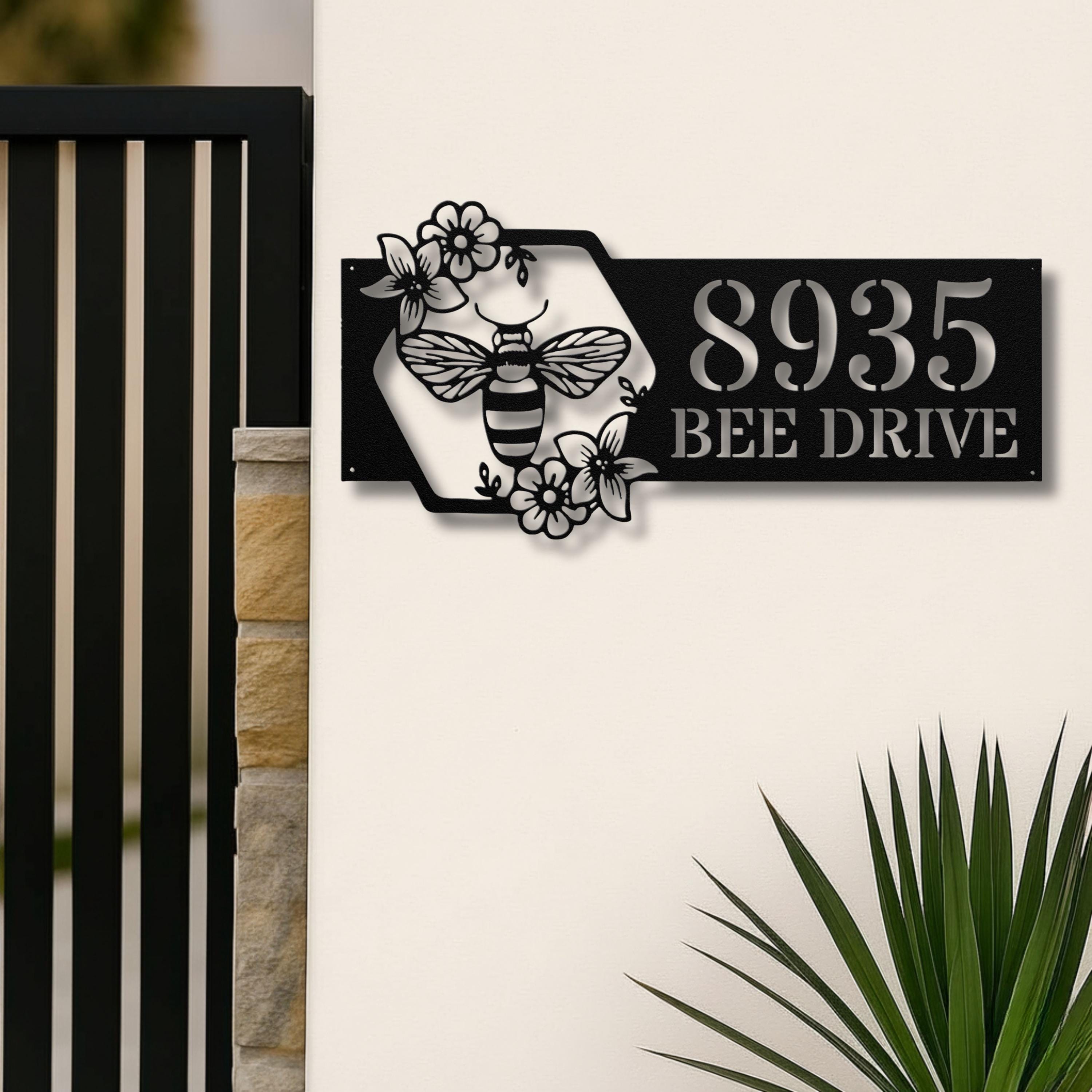 Custom Bee Honeycomb Metal Address Sign, Personalized Flower House Number, Garden Plaque