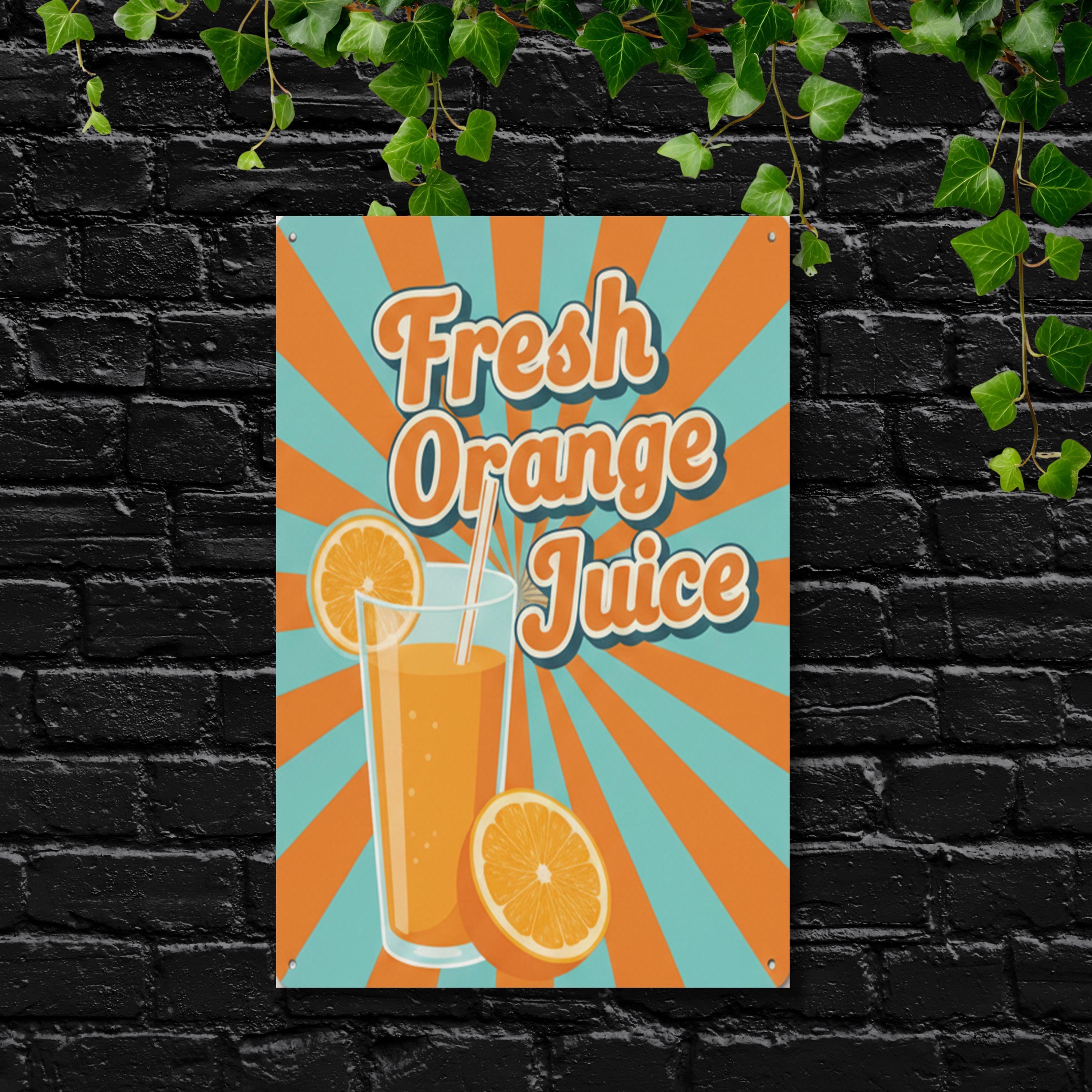 Vintage Fresh Orange Juice Metal Sign, Retro Kitchen Wall Decor, Diner Poster, Home Bar