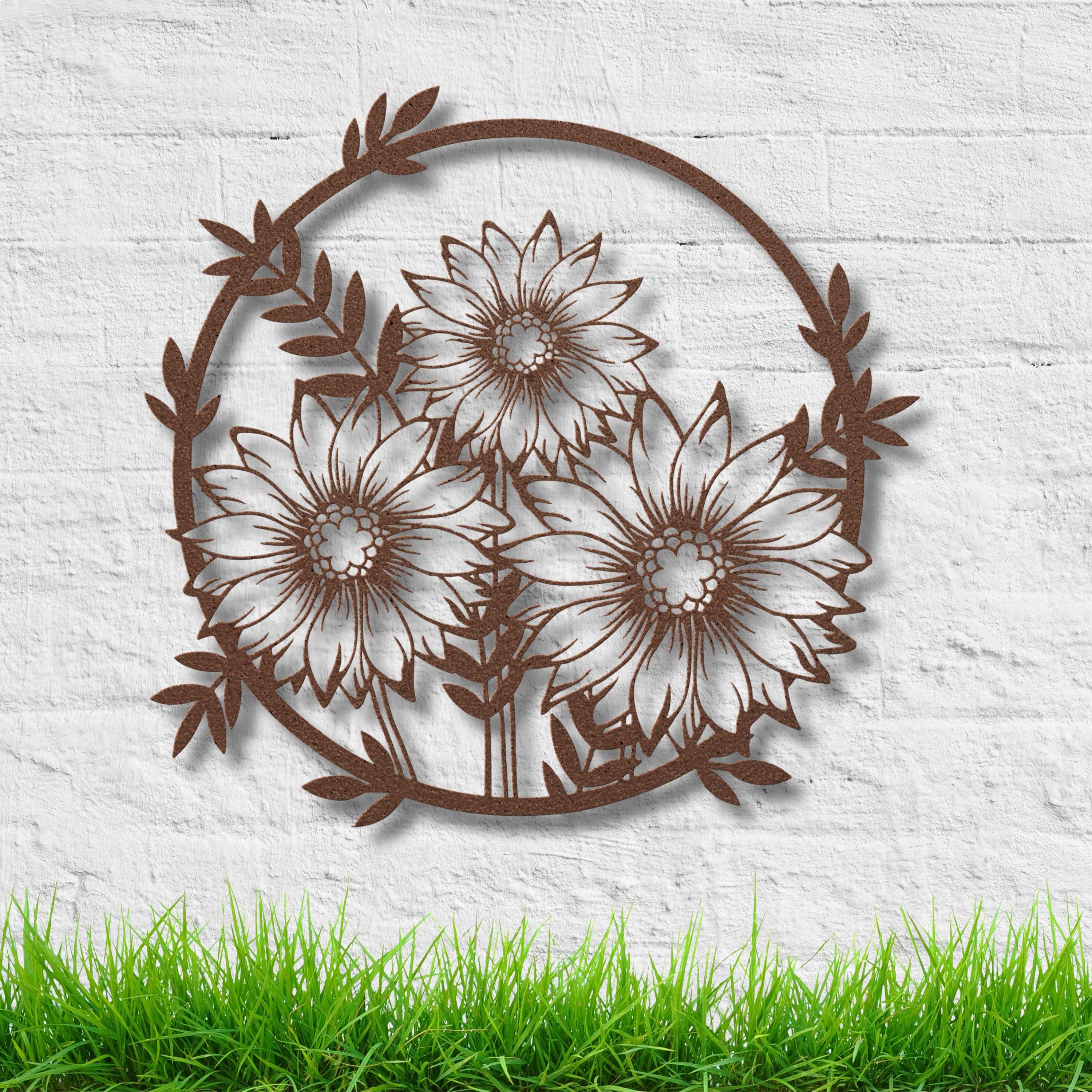 Sunflower Metal Wall Art - Rustic Farmhouse Floral Outline Decor With Metal Flower Ring