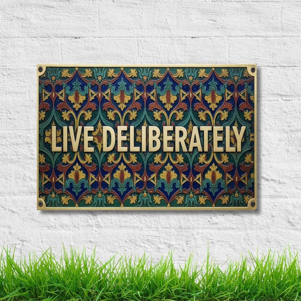 Live Deliberately Metal Sign, Ornate Tapestry Wall Art, Gold Motivational Plaque