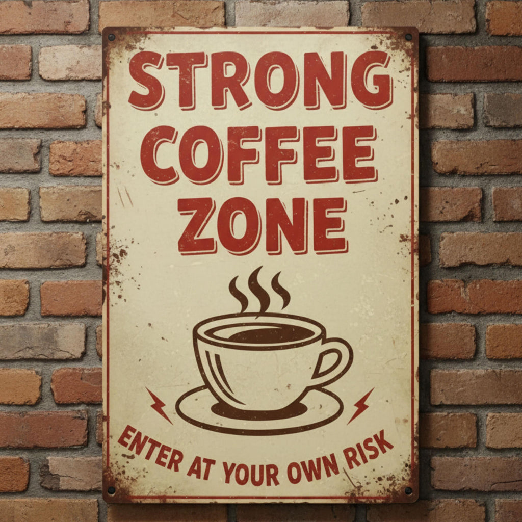 Strong Coffee Zone Metal Sign, Funny Warning Plaque, Retro Cafe Decor, Enter at Your Own Risk, Barista Gift, Distressed Kitchen Wall Art