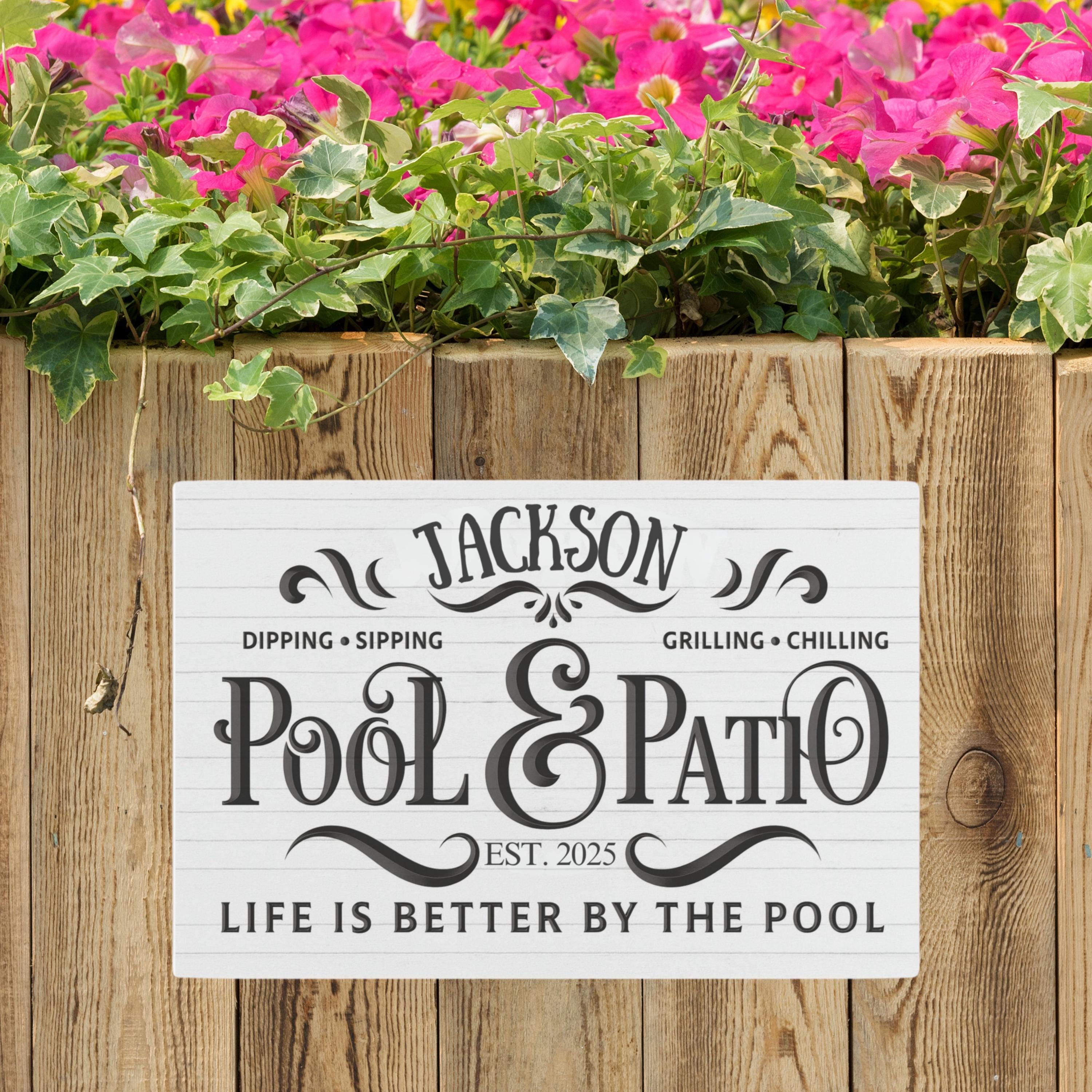 Custom Pool & Patio Metal Sign, Personalized Backyard Decor, Dipping Sipping Grilling, Established Year, Outdoor Family Gift