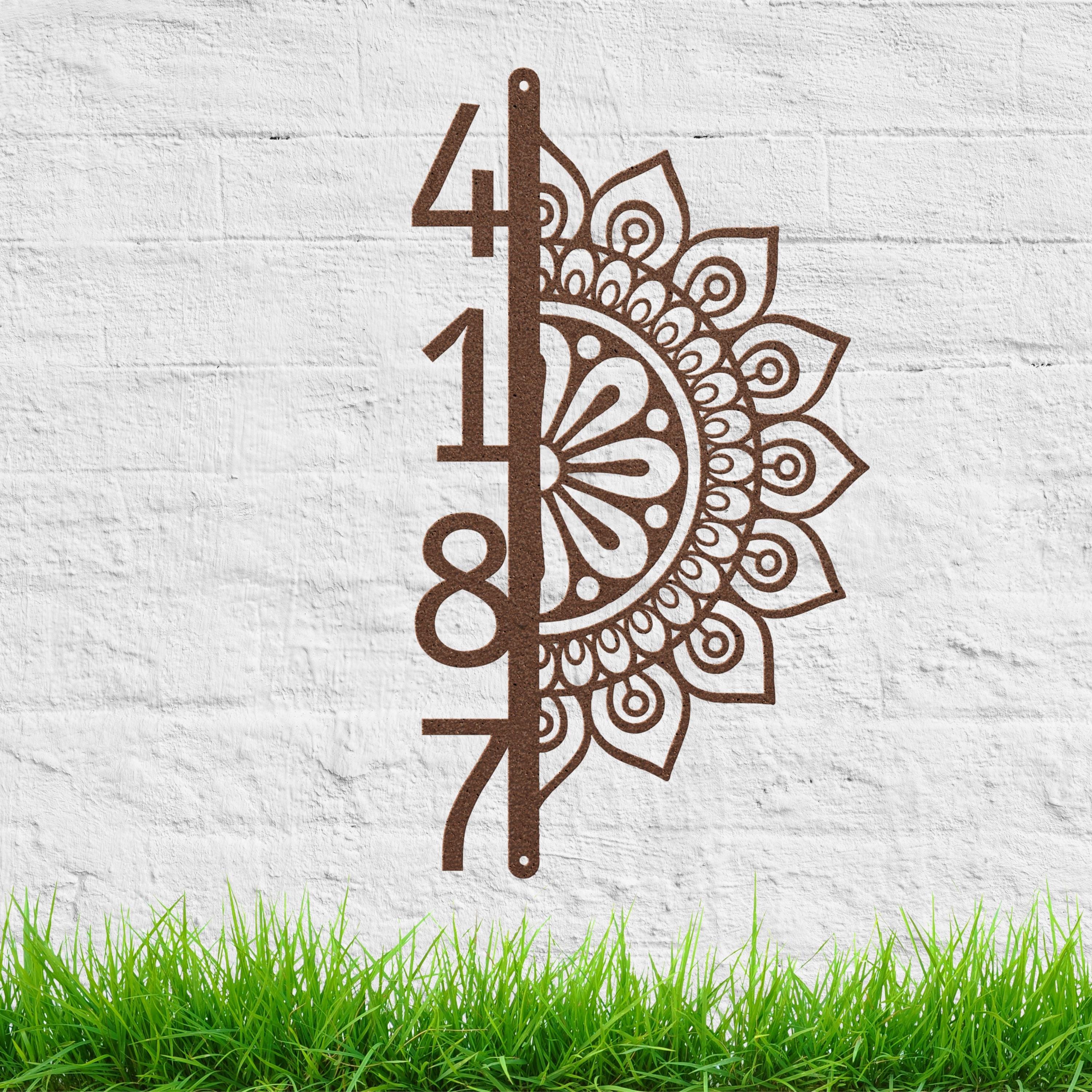 Vertical House Numbers Metal Sign, Half Mandala Address Plaque