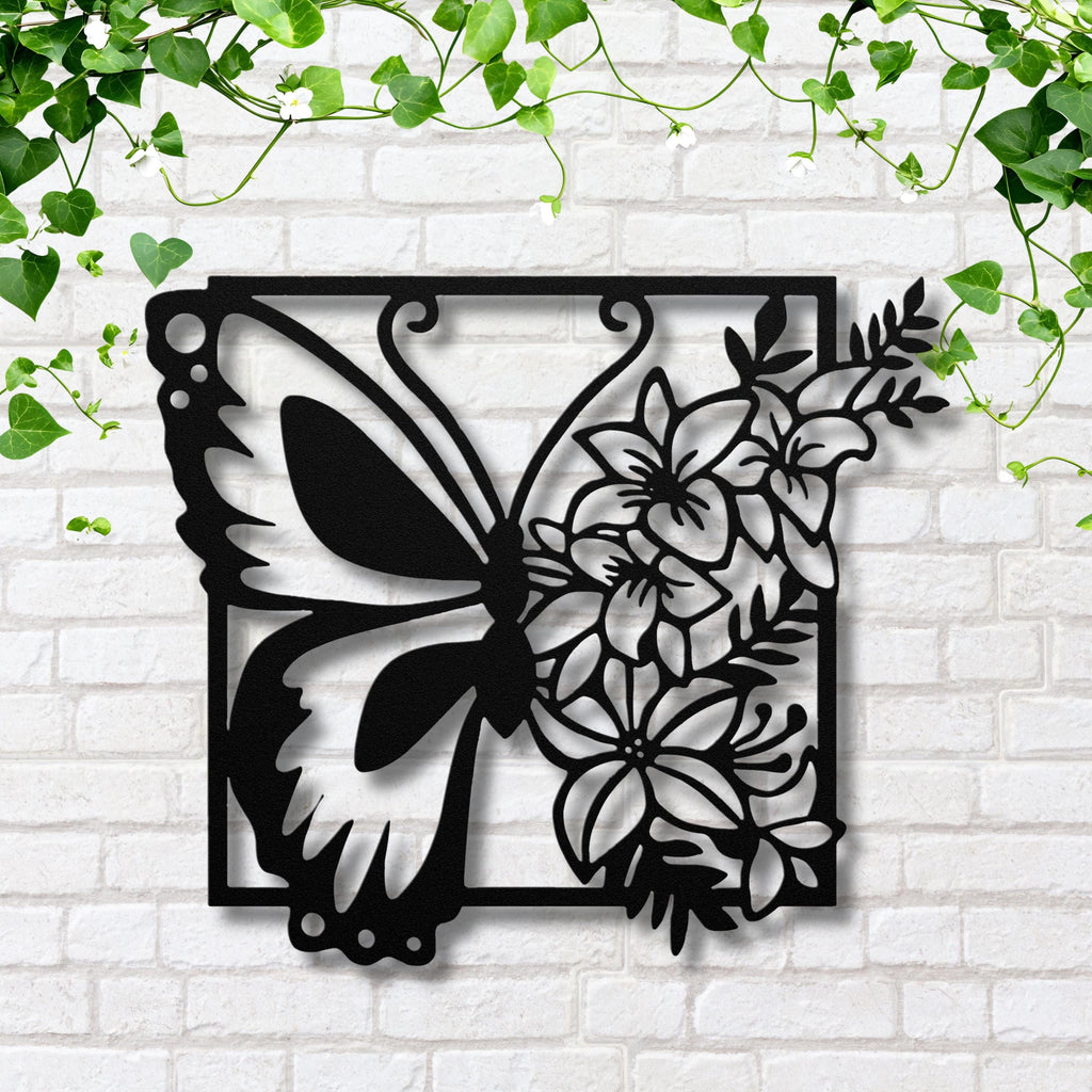 Butterfly Metal Wall Art, Floral Lily Garden Decor, Nature Inspired Sign, Spring Home Gift