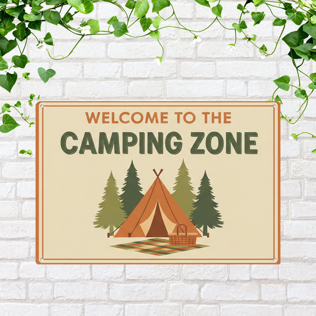 Welcome To The Camping Zone Metal Sign, Retro Camper Decor, Tent Life Wall Art, Cabin