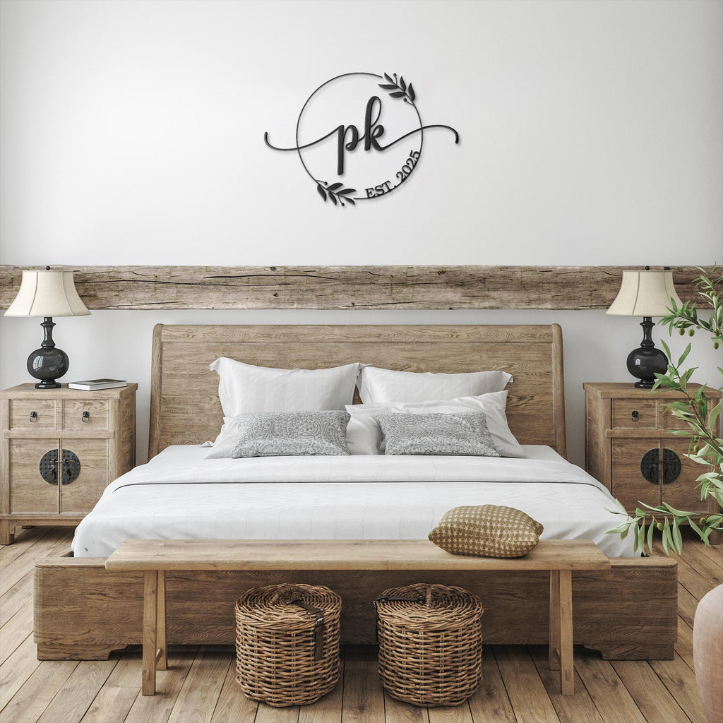 Personalized Metal Sign – Custom Initial Wreath, Monogram Art & Established Date Gift
