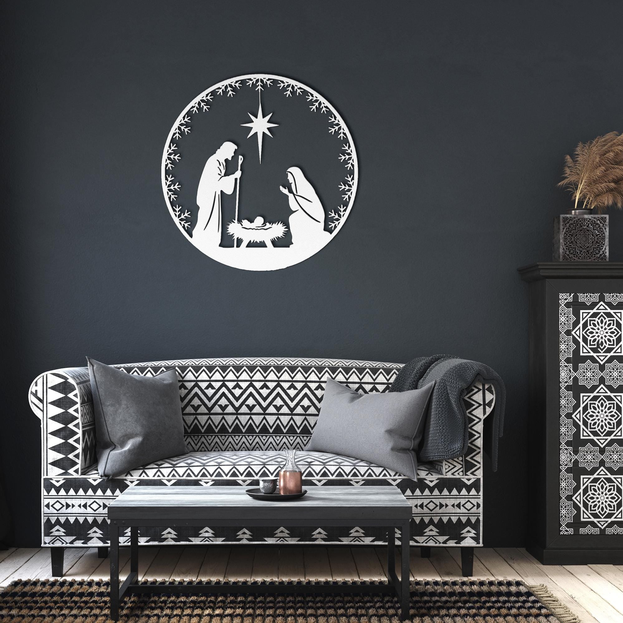Nativity Metal Sign – Religious Wall Art | Holy Family Black Metal Ornament