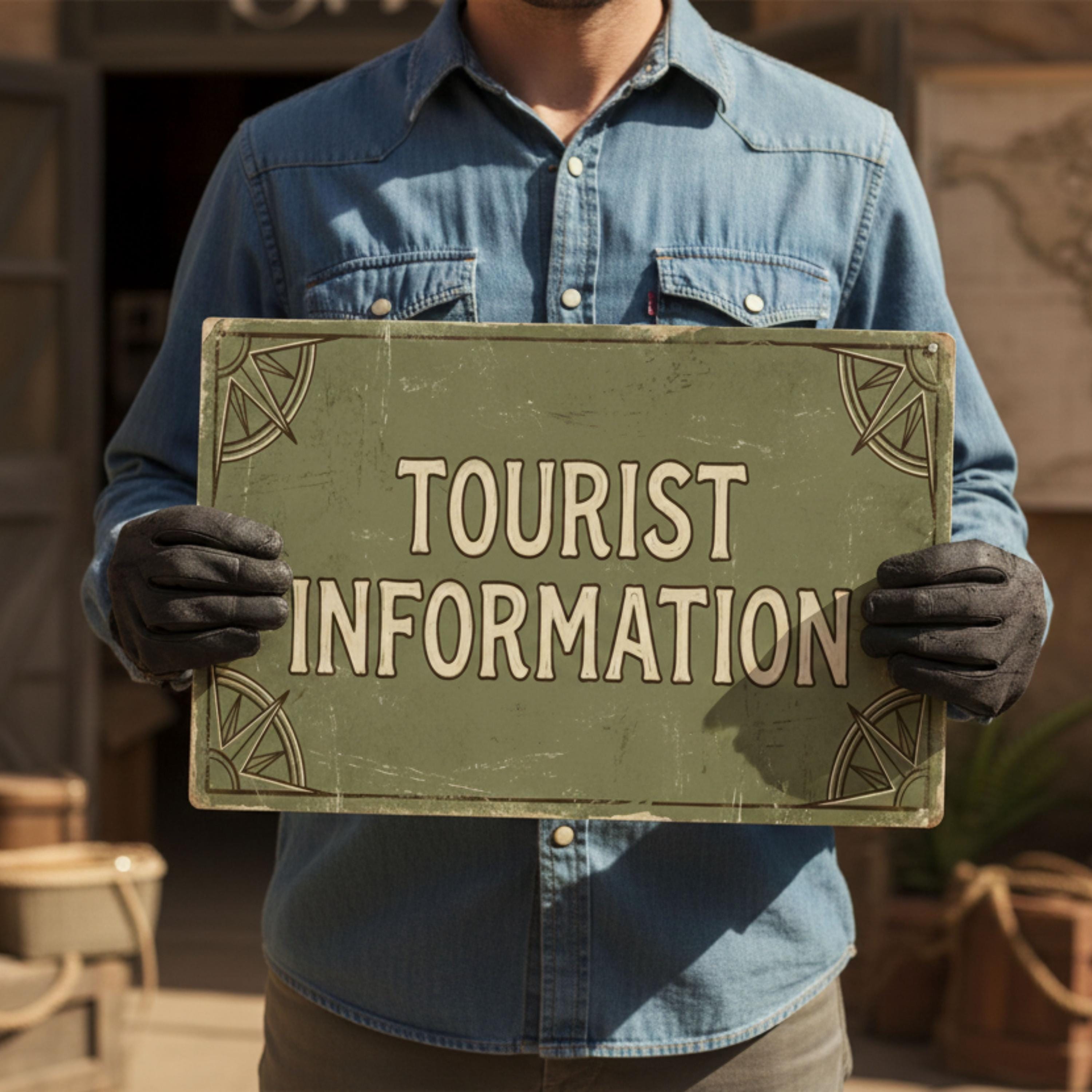 Distressed Tourist Information Sign, Vintage Style Travel Metal Plaque, Hotel Guest Wall Art