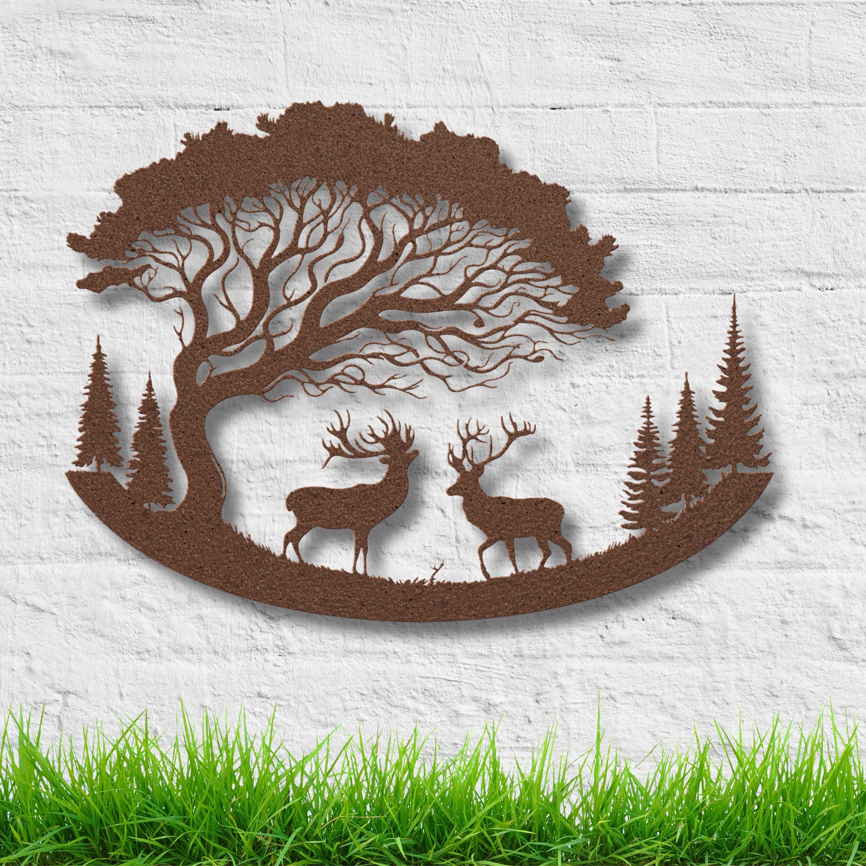 Wildlife Deer Metal Wall Art, Nature Landscape Sign, Forest Buck and Doe Decor