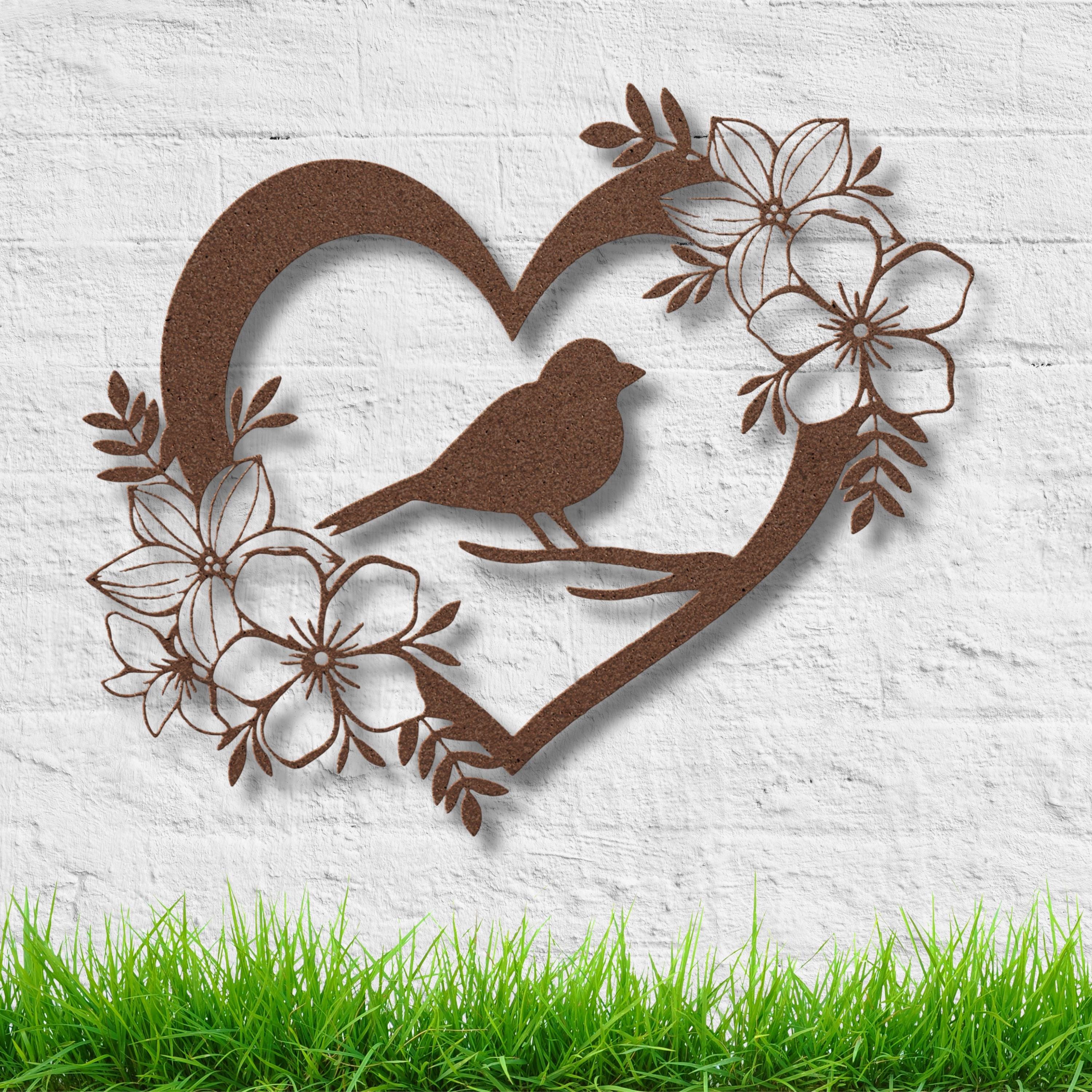 Heart Bird Metal Wall Art with Flowers | Nature Silhouette Home Decor | Love & Memorial Sign | Die-Cut Metal Gift