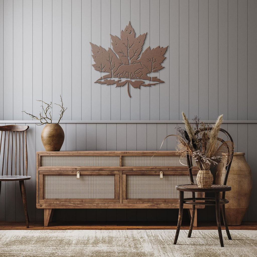 Wolf Silhouette Maple Leaf Sign, Forest Wilderness Decor, Canadian Nature Wall Art