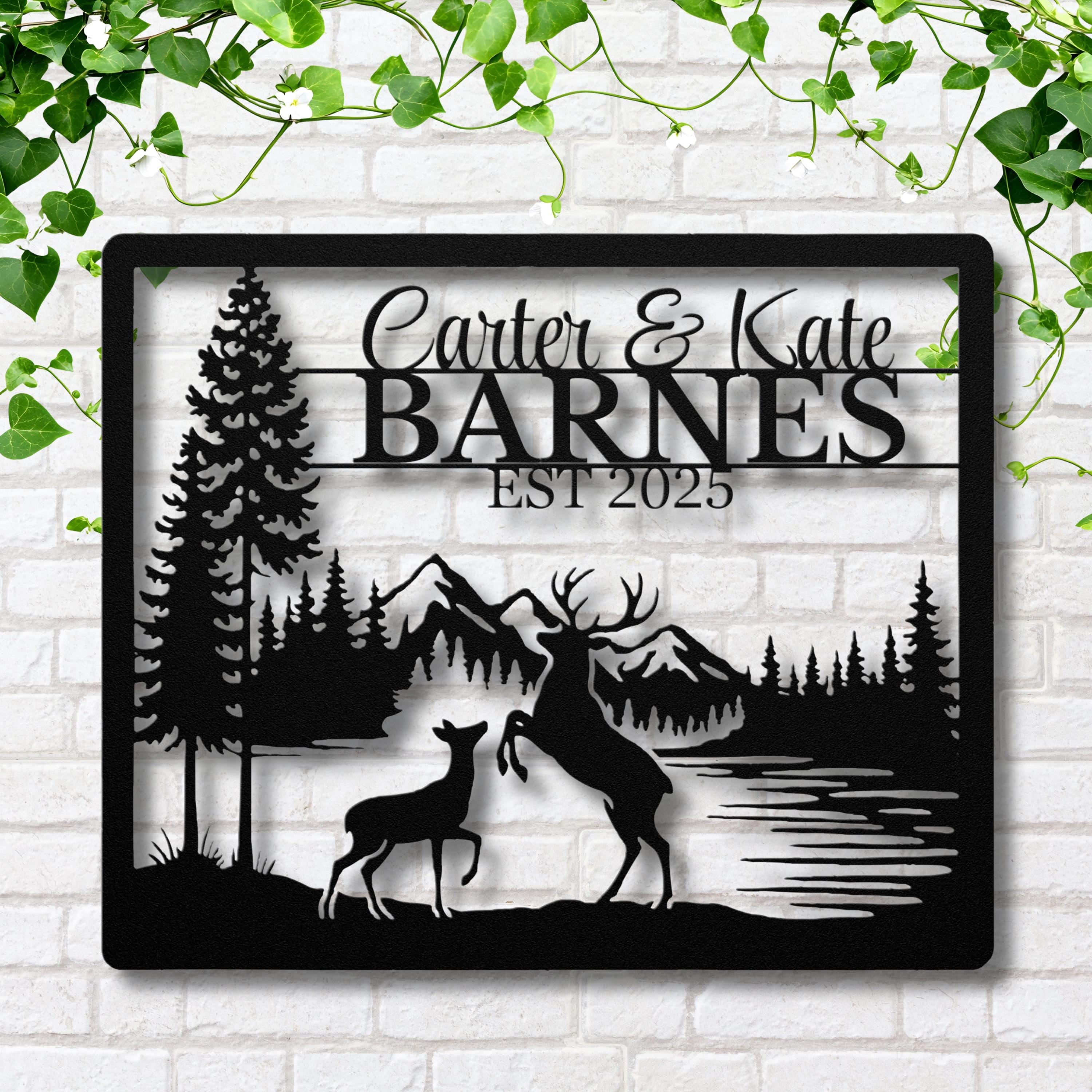 Personalized Deer Sign, Couple Name Metal Art, Family Sign, Rustic Cabin Decor, Mountain Forest Die Cut Wedding Gift