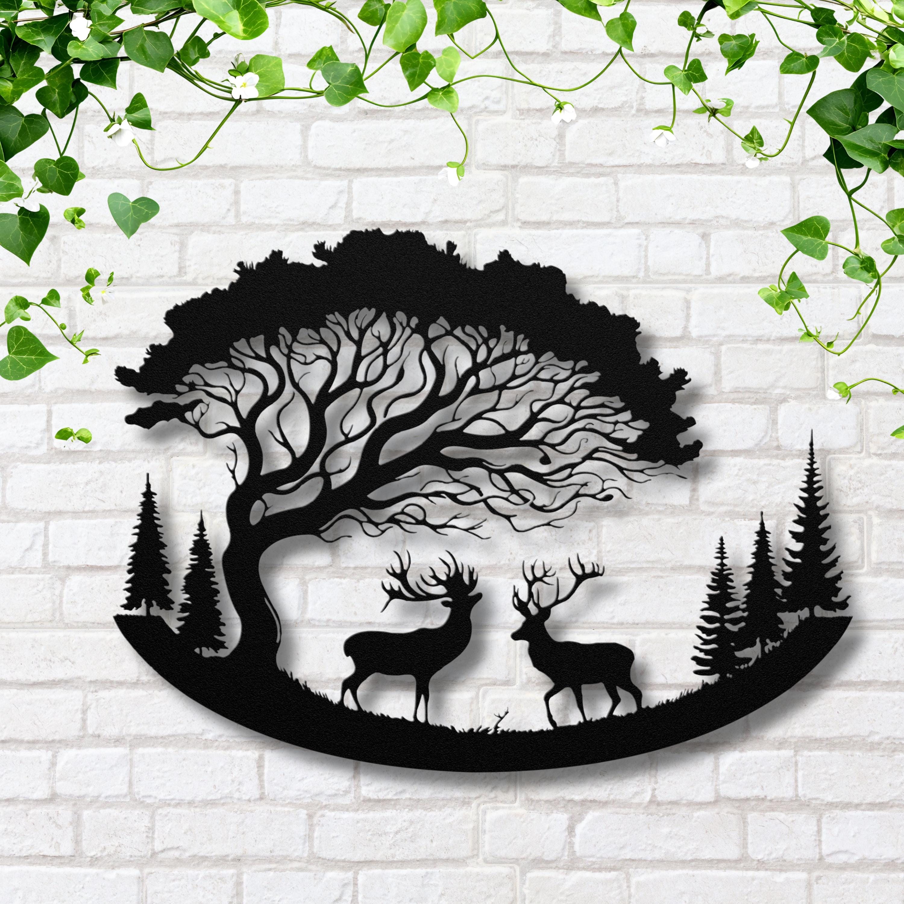 Wildlife Deer Metal Wall Art, Nature Landscape Sign, Forest Buck and Doe Decor