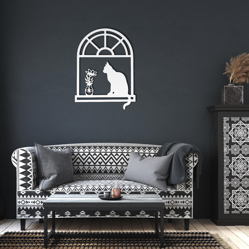 Cat Silhouette Metal Sign – Unique Die Cut Metal Wall Art with Kitten on Window Sill