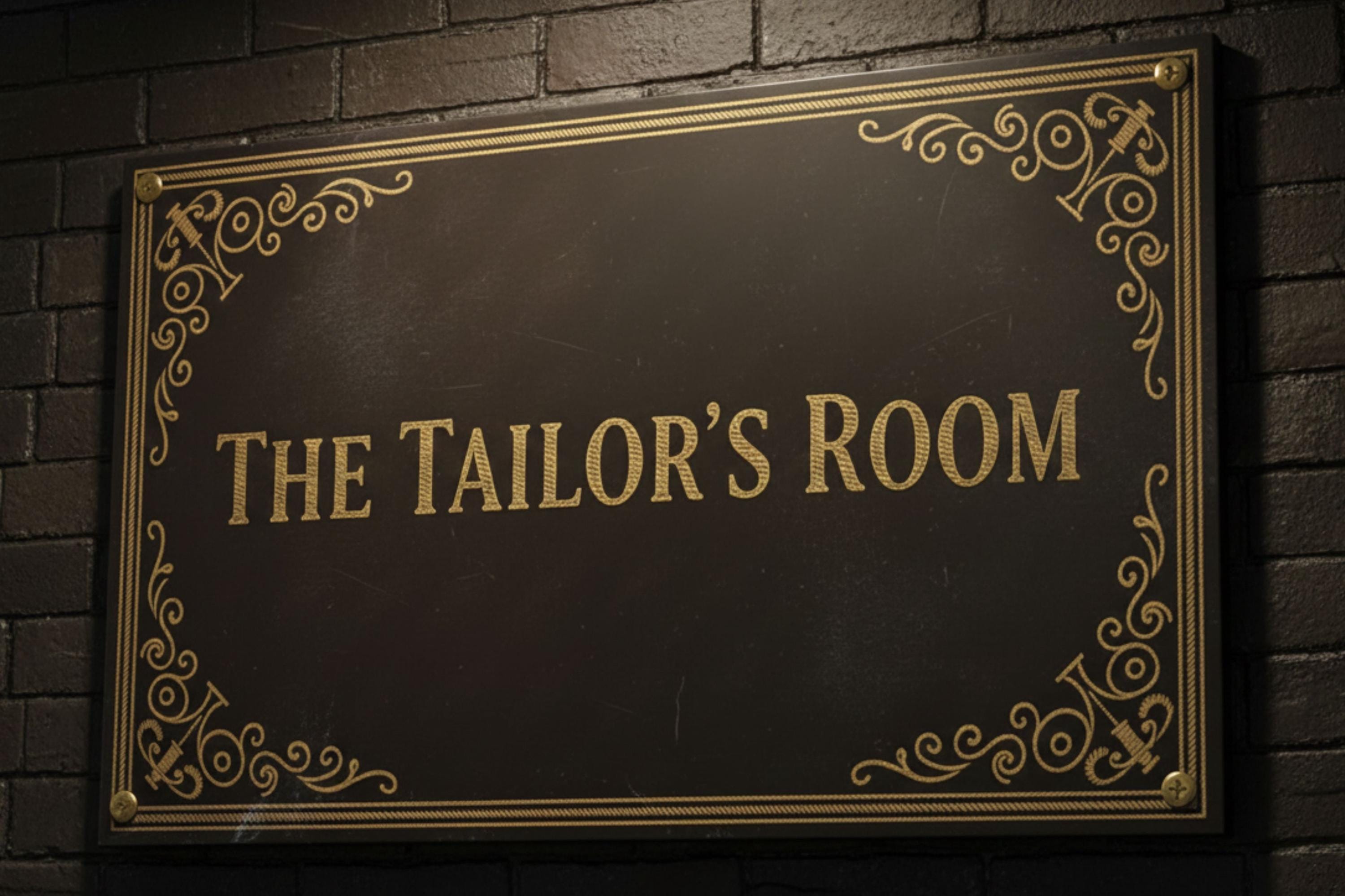 The Tailor's Room Metal Sign, Vintage Sewing Shop Decor, Luxurious Gold Thread Look Art