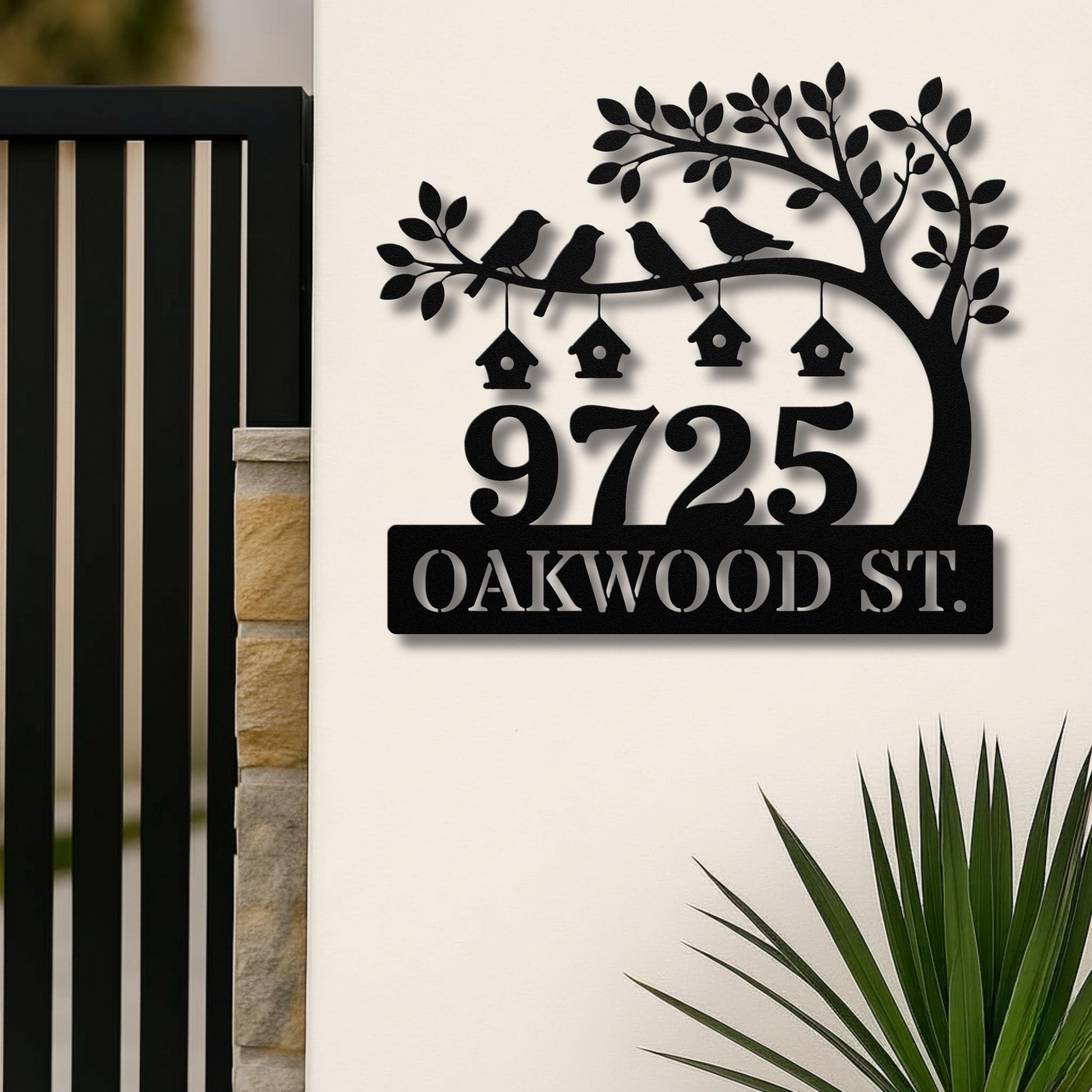 Personalized Metal Address Sign, Custom House Number Plaque, Tree Birdhouse Decor, Street Name Sign
