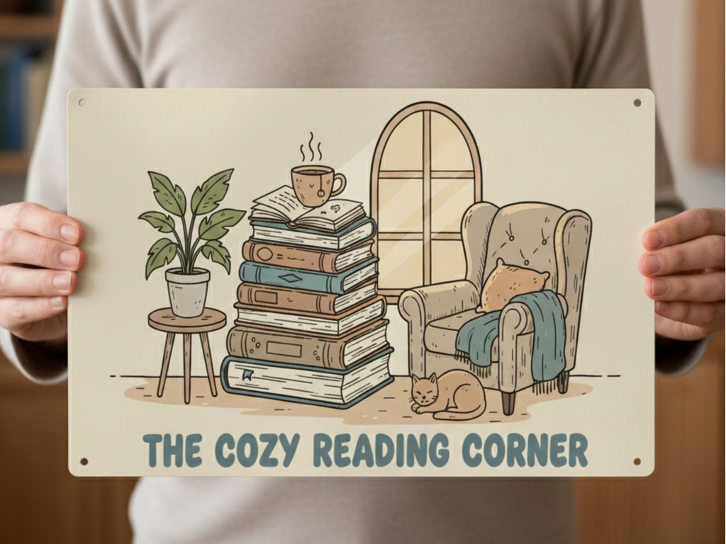 Cozy Reading Corner Metal Sign, Bookworm Armchair Decor, Cat and Books Wall Art