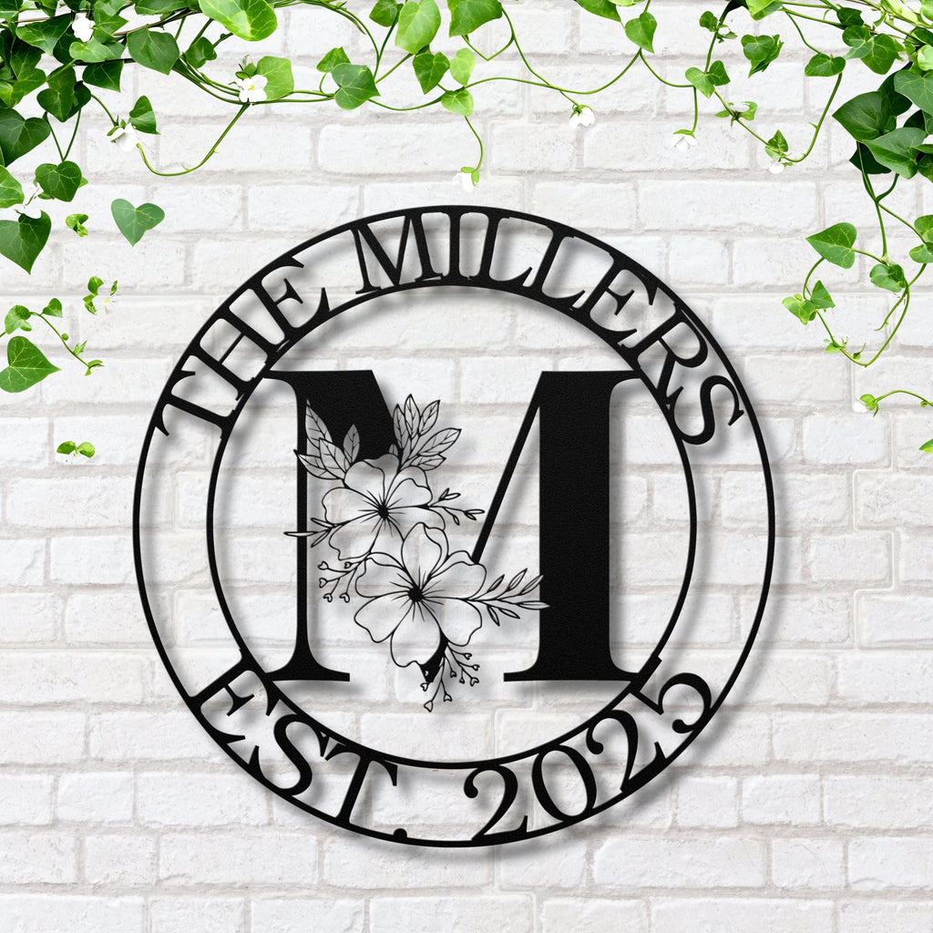 Custom Floral Monogram Metal Sign, Circular Family Name Art, Est. Date Wedding Gift, New Home Die-Cut Metal Decor