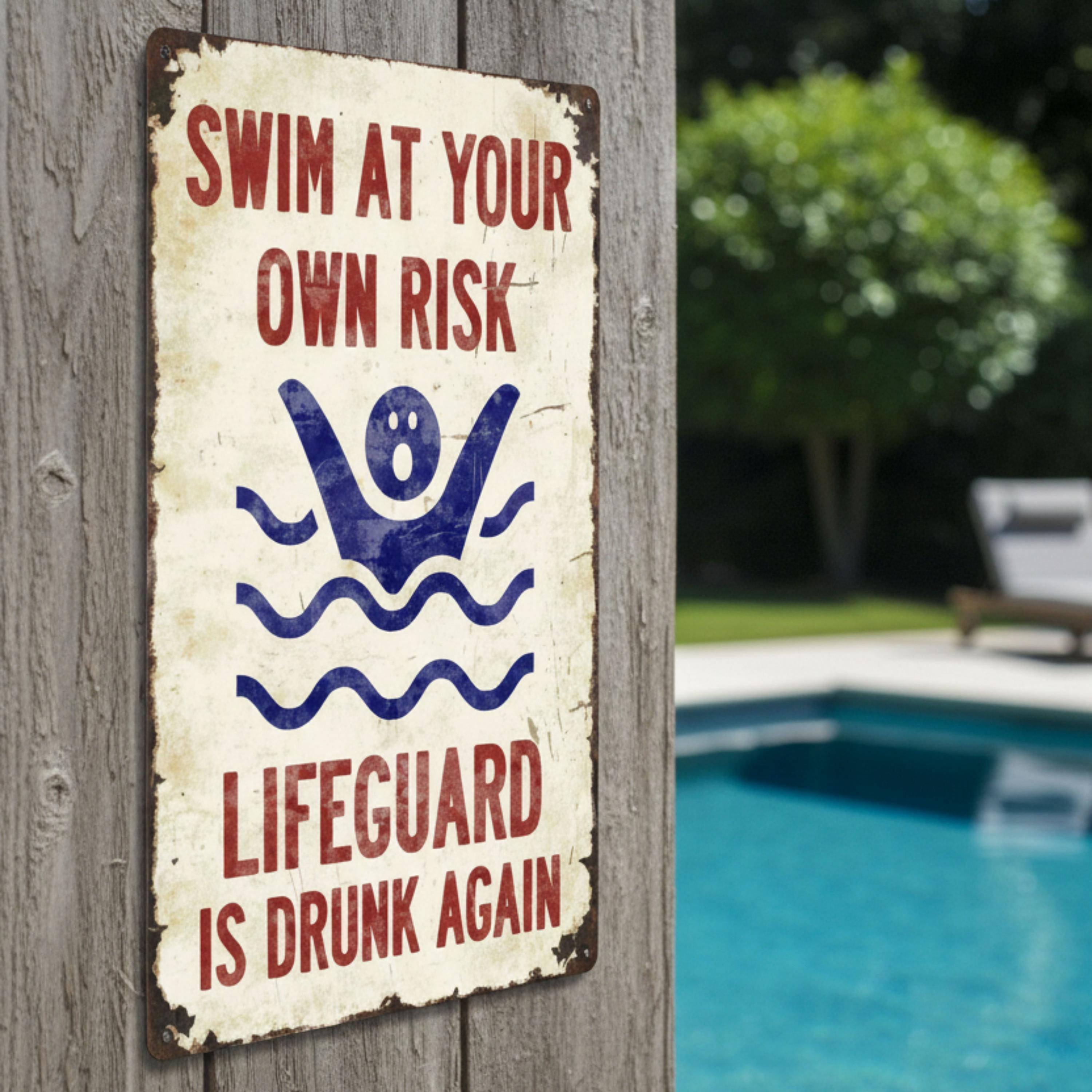 Funny Swimming Pool Sign, Swim At Your Own Risk, Lifeguard Is Drunk Sign, Pool Decor