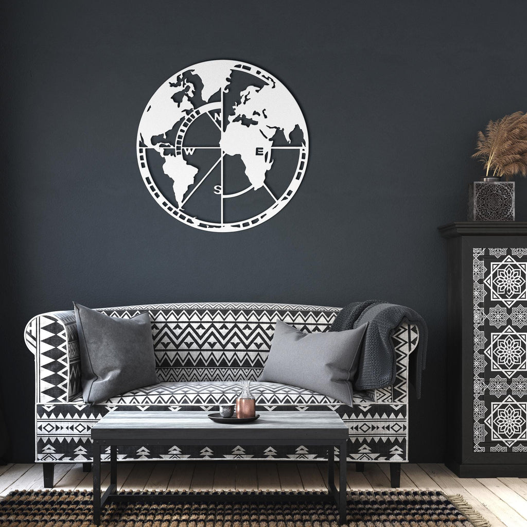 World Map Metal Wall Art, Compass Globe Decor, Travel Wall Hanging, Wanderlust Gift
