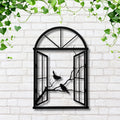 Open Window Birds on Branch Metal Wall Art, Rustic Farmhouse Silhouette Sign, Arch Window Die Cut Decor, Nature Lover Housewarming