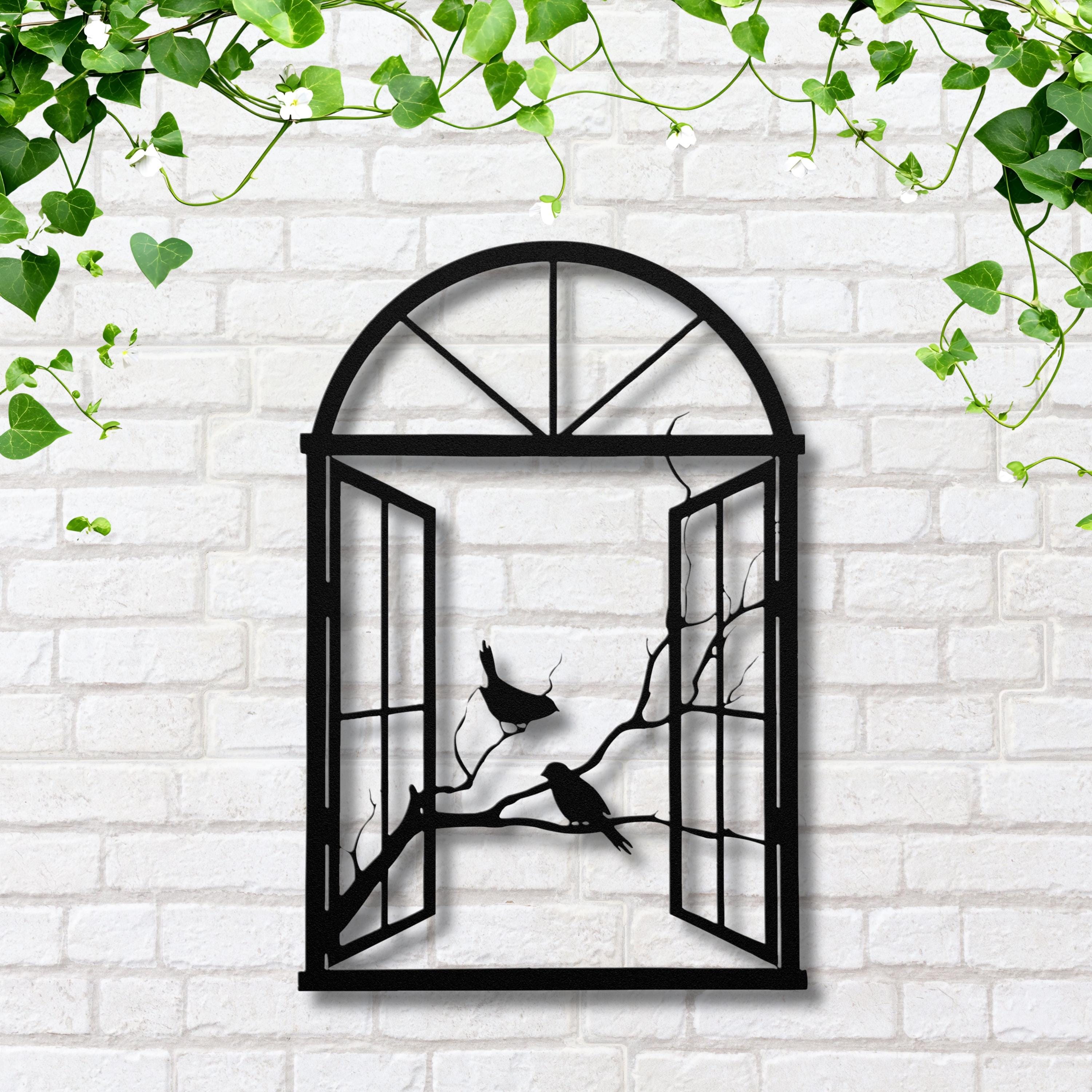 Open Window Birds on Branch Metal Wall Art, Rustic Farmhouse Silhouette Sign, Arch Window Die Cut Decor, Nature Lover Housewarming