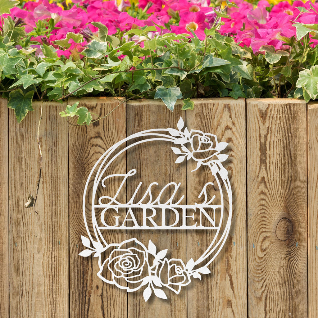 Personalized Rose Garden Metal Sign, Custom Name Plaque, Floral Wreath Decor