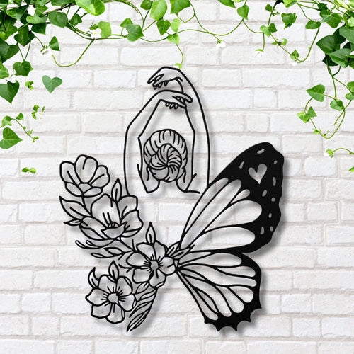 Butterfly Woman Metal Wall Art, Feminine Line Art, Floral Decor