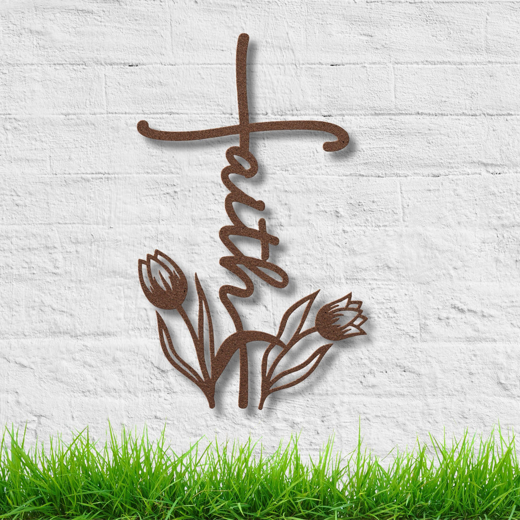 Faith Cross Metal Wall Art, Tulip Flower Christian Sign, Religious Home Decor Gift