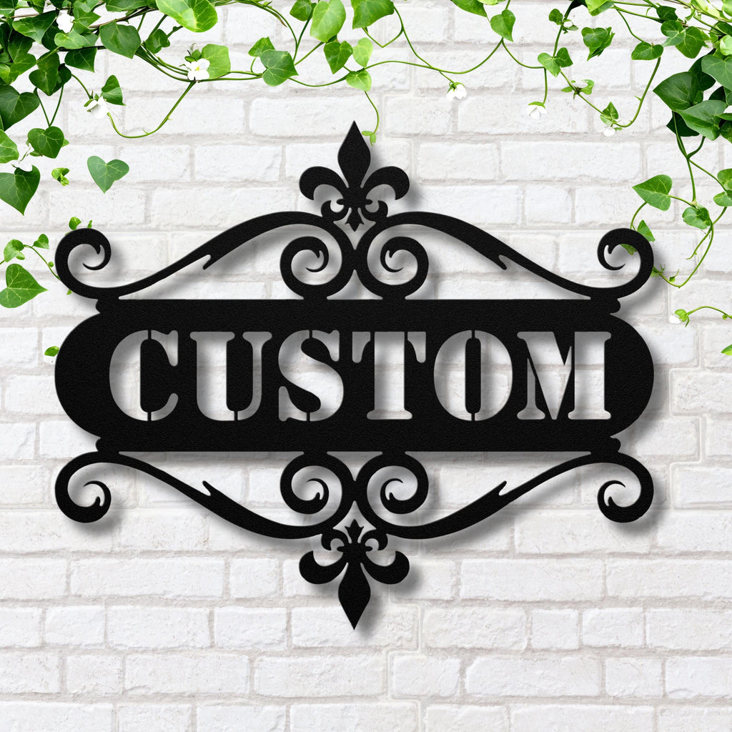 Personalized Custom Name Metal Sign | Ornate Fleur De Lis Monogram | Address Plaque Decor | Scroll Frame Housewarming Gift