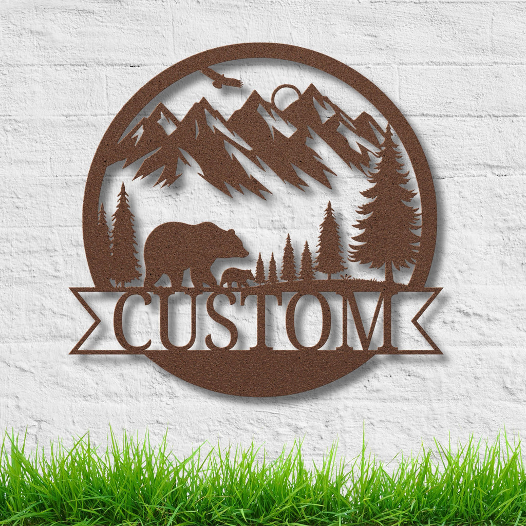 Custom Mountain Bear Sign - Personalized Family Name Metal Cabin Decor