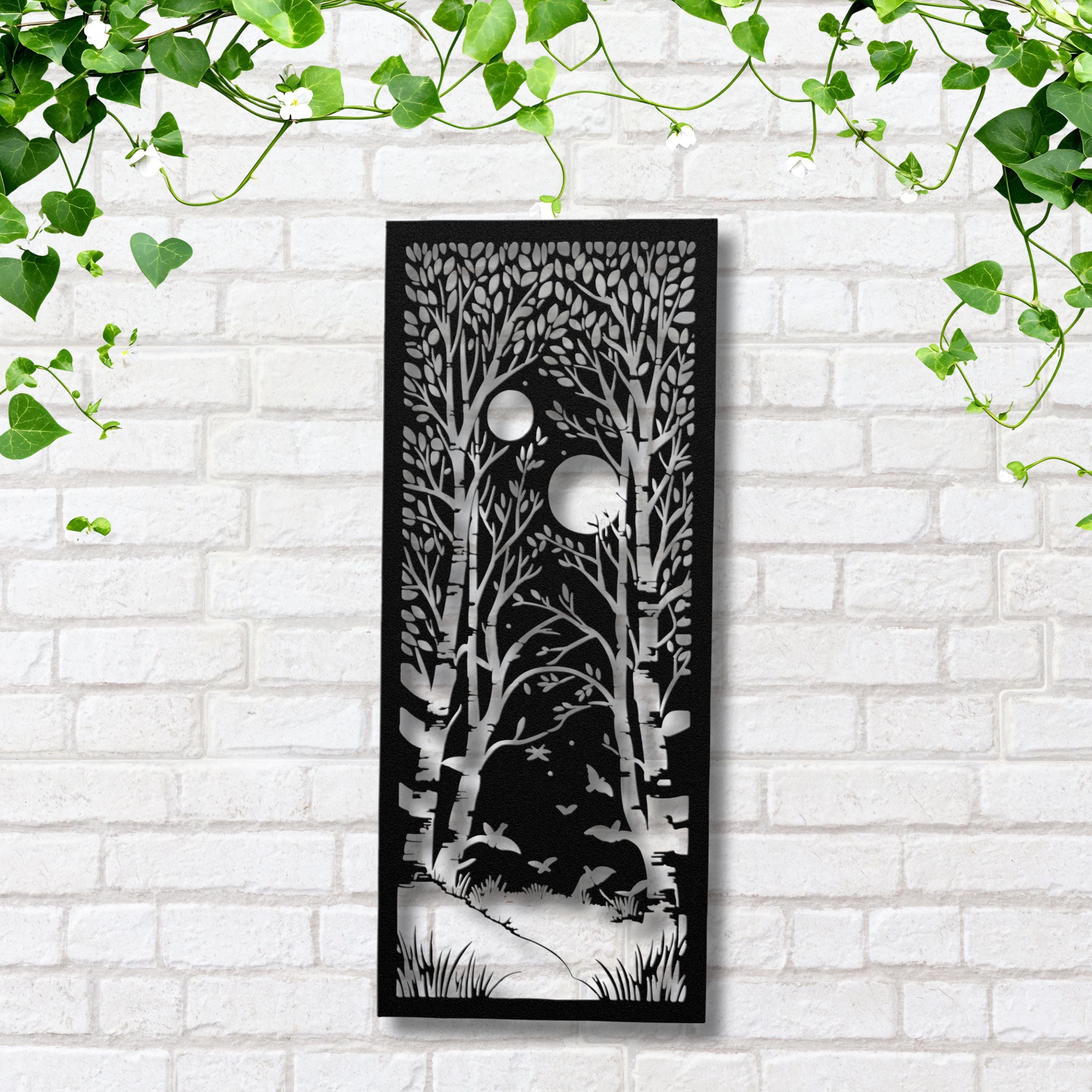 Birch Forest Metal Wall Art, Double Moon Night Scene, Tree Landscape Sign, Nature Decor