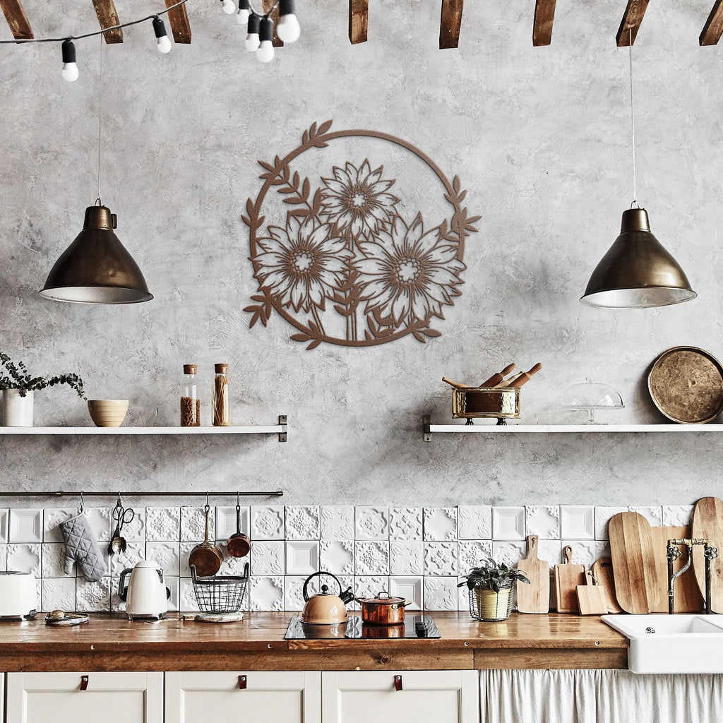 Sunflower Metal Wall Art - Rustic Farmhouse Floral Outline Decor With Metal Flower Ring