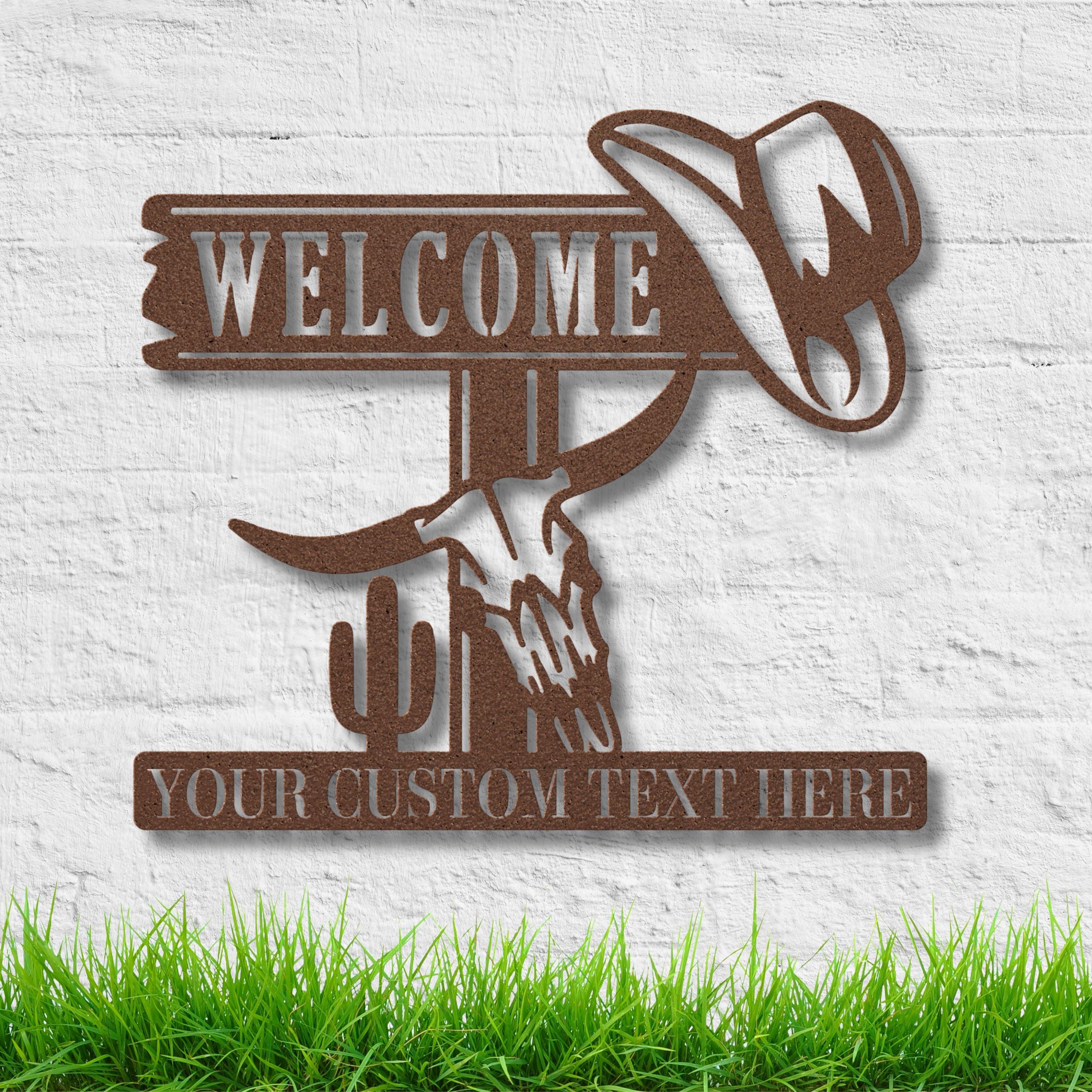 Personalized Welcome Sign, Cowboy Hat & Skull Decor, Rustic Metal Welcome Art, Custom Western Ranch Gift, Die Cut Desert Decor