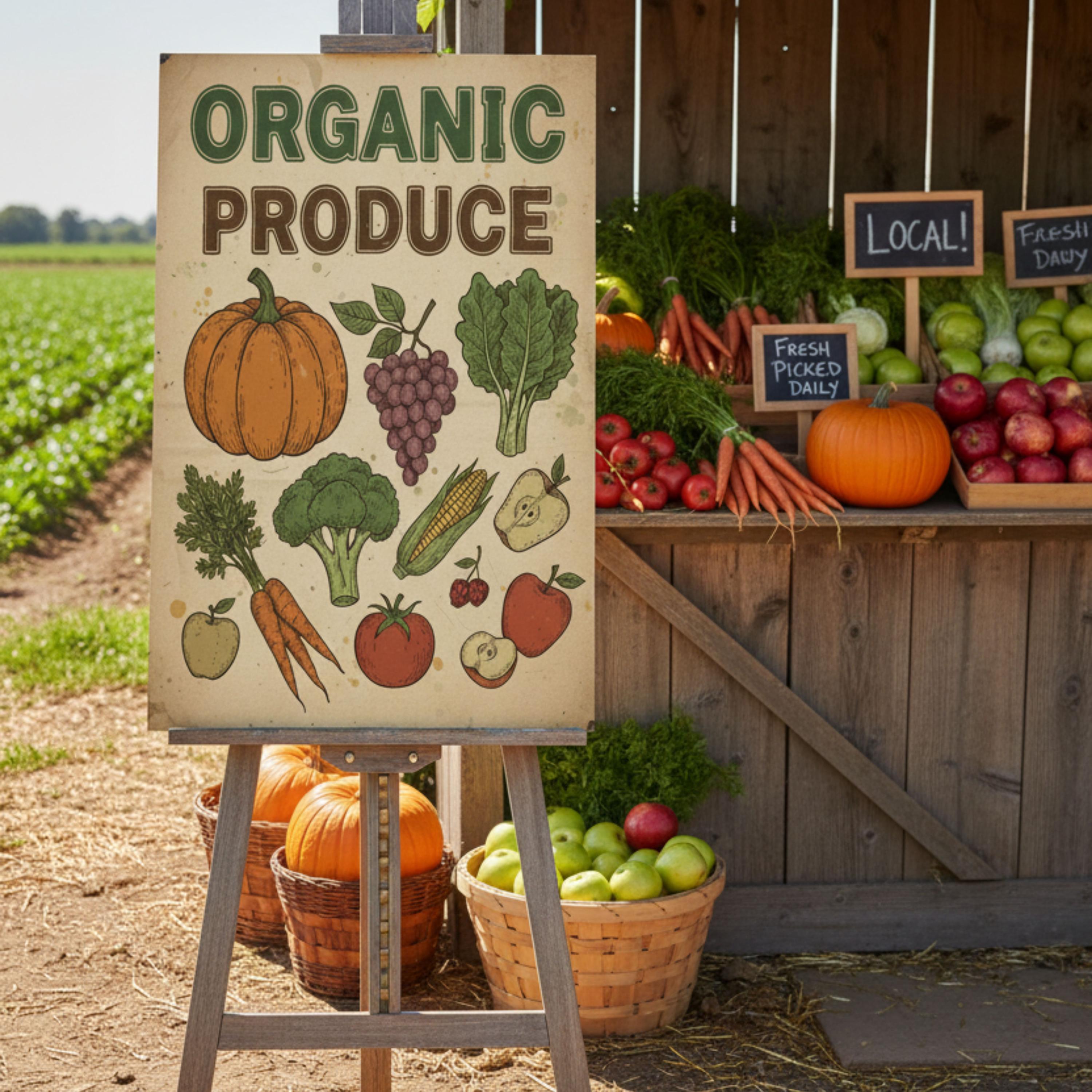 Organic Produce Metal Sign – Vintage Market Art | Rustic Kitchen Decor | Durable Steel Sign