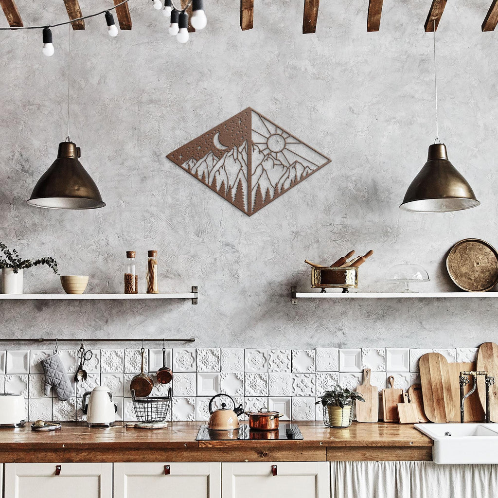 Mountain Metal Art – Sun Moon Geometric Wall Decor | Diamond Shape Cabin Sign