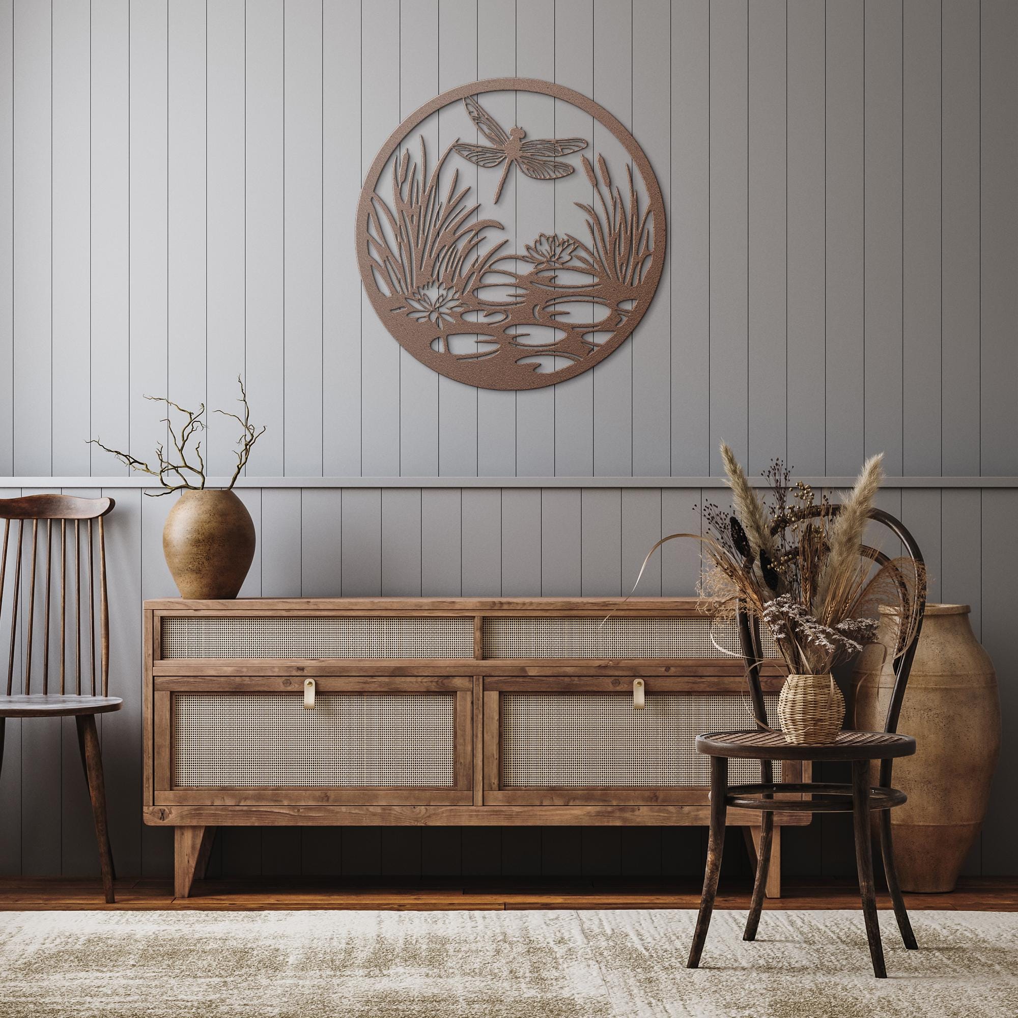 Dragonfly Metal Wall Art, Pond Scene Sign, Lily Pad and Cattail Decor, Nature Inspired Die Cut, Insect Garden Gift