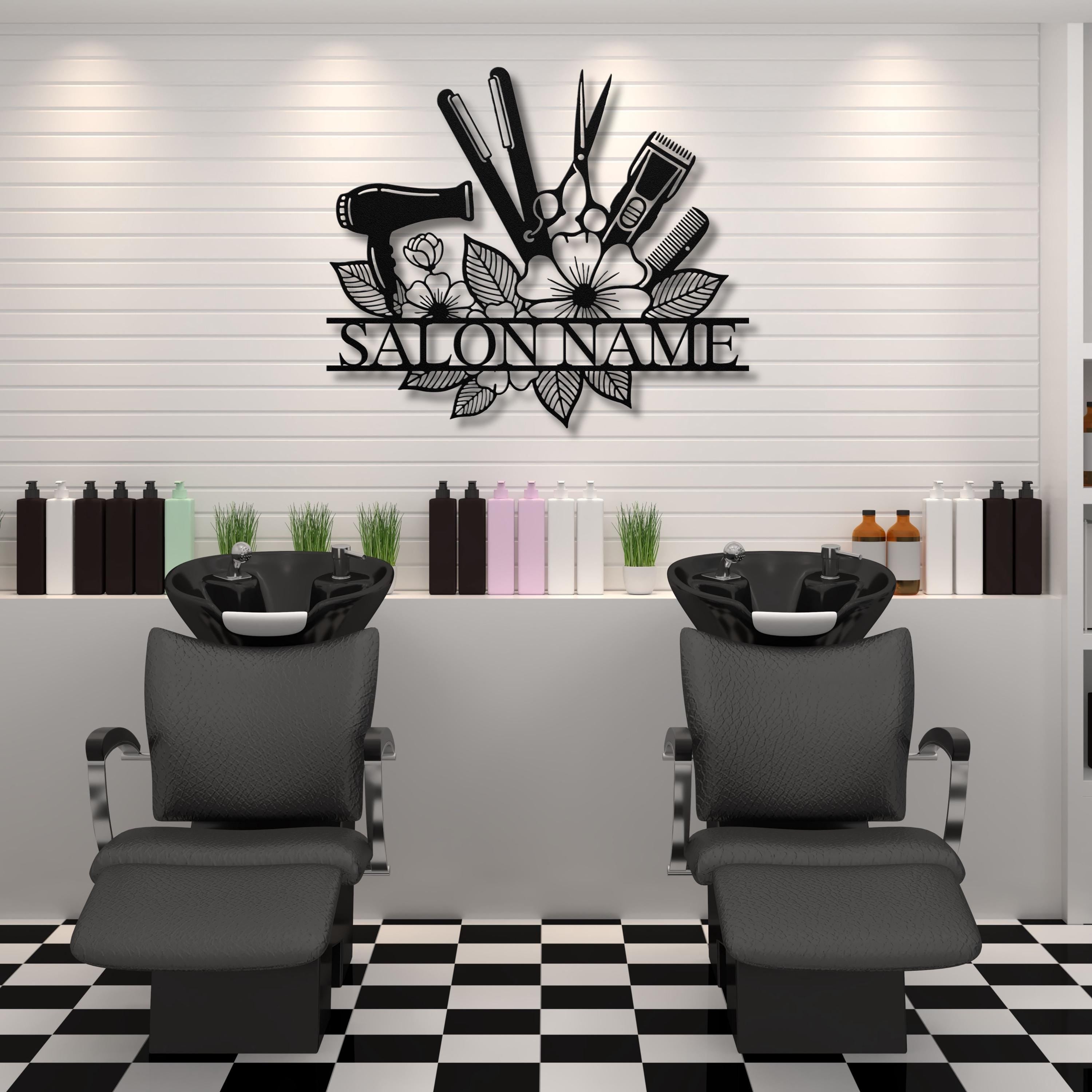 Personalized Hair Salon Metal Sign, Custom Barber Shop Decor, Die Cut Hair Tools & Flowers Art, Stylist Gift, Beauty Studio Plaque