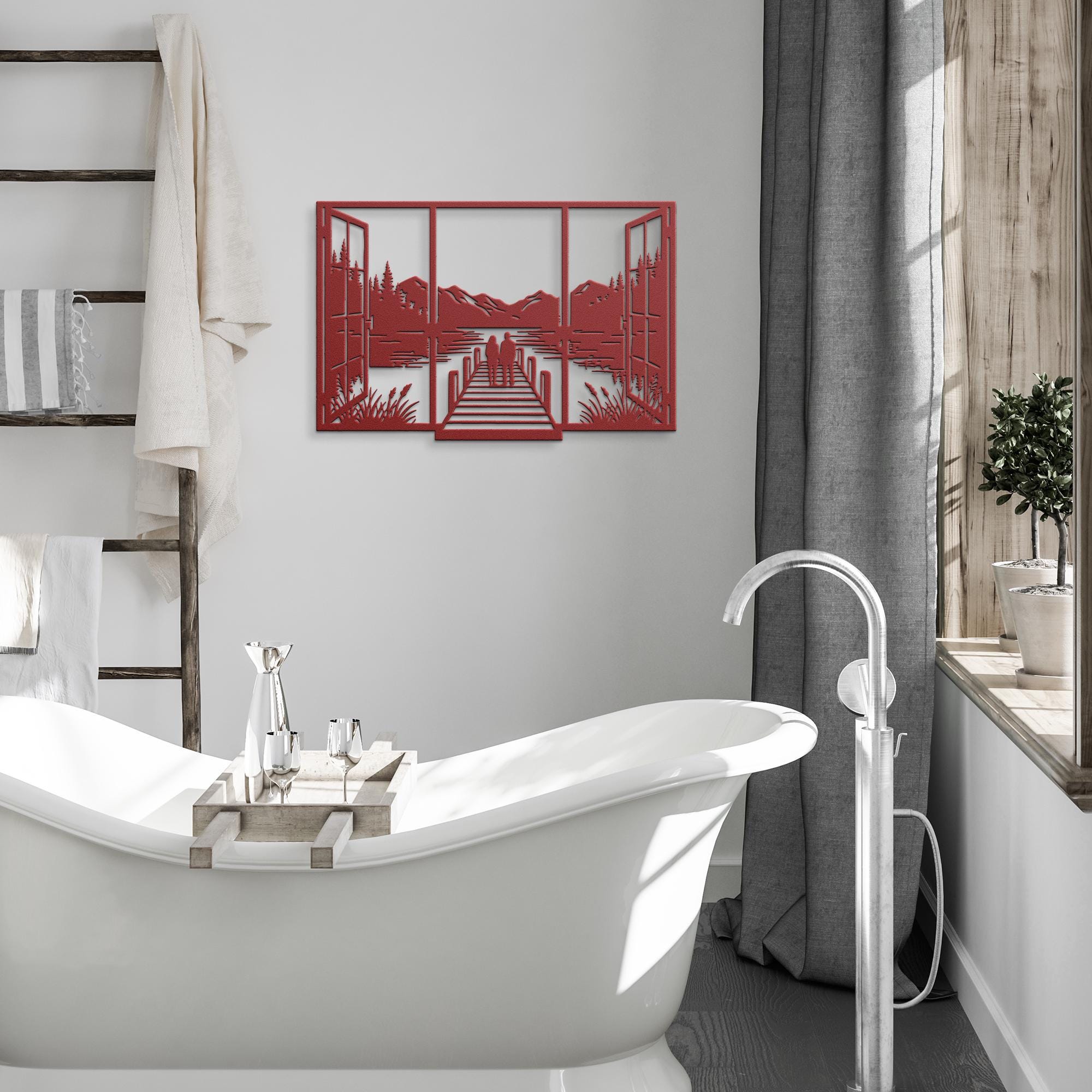 Couple on Dock Metal Wall Art, Lake House Window Decor, Romantic Mountain Sign, Love Gift