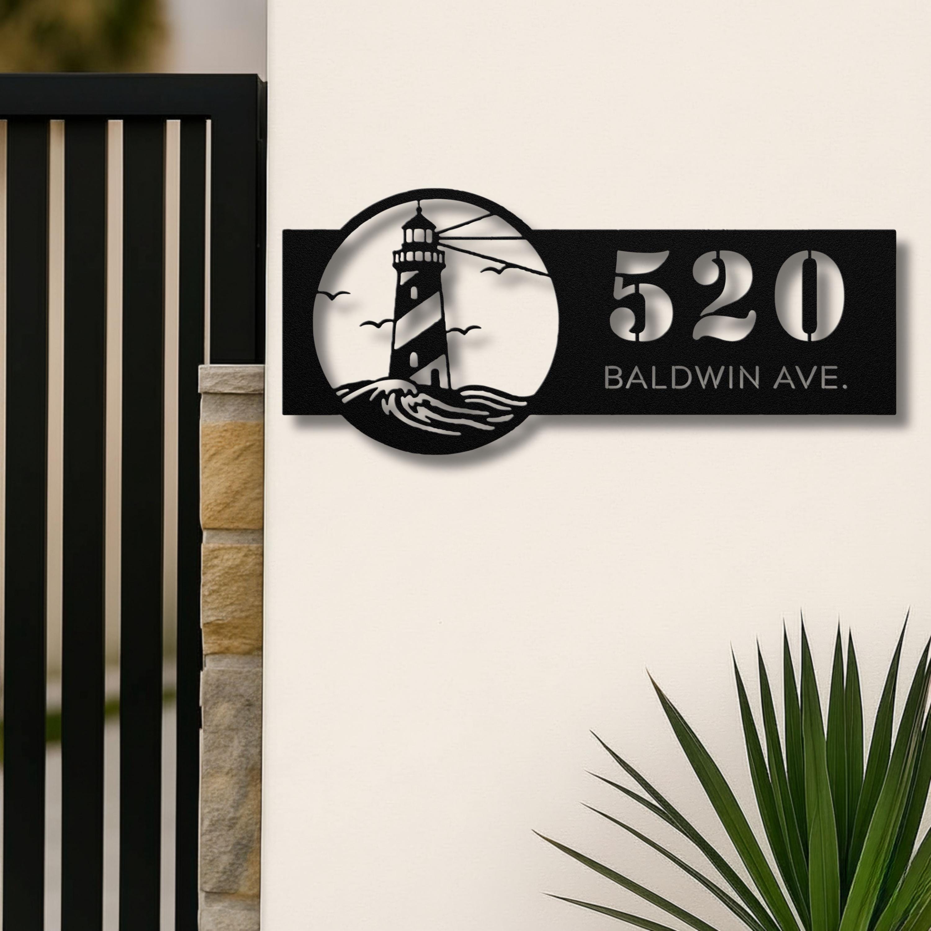 Personalized Lighthouse Address Metal Sign | Custom Number and Street Coastal Home Decor | Die-Cut Beach Gift