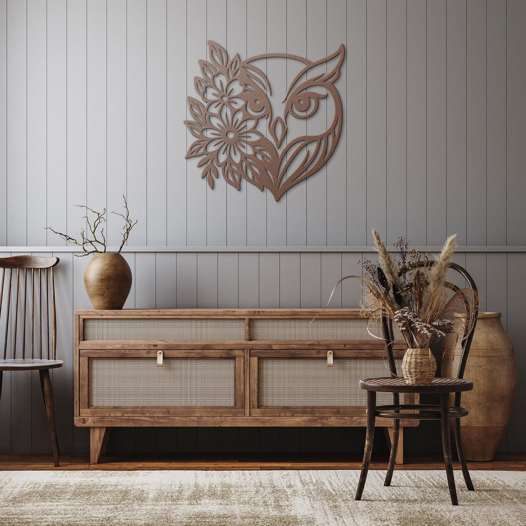 Floral Owl Metal Wall Art, Boho Nature Die Cut Sign, Wise Owl Decor, Flower Lover Gift