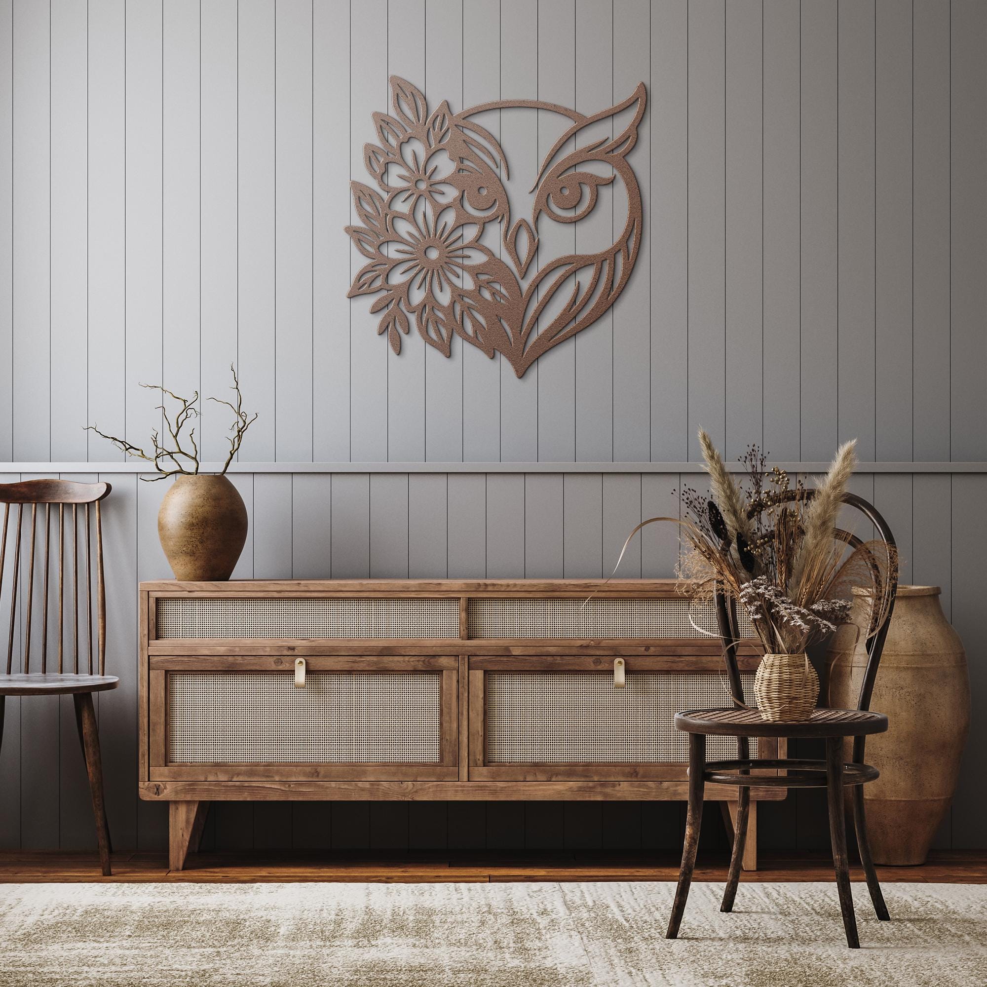 Floral Owl Metal Wall Art, Boho Nature Die Cut Sign, Wise Owl Decor, Flower Lover Gift